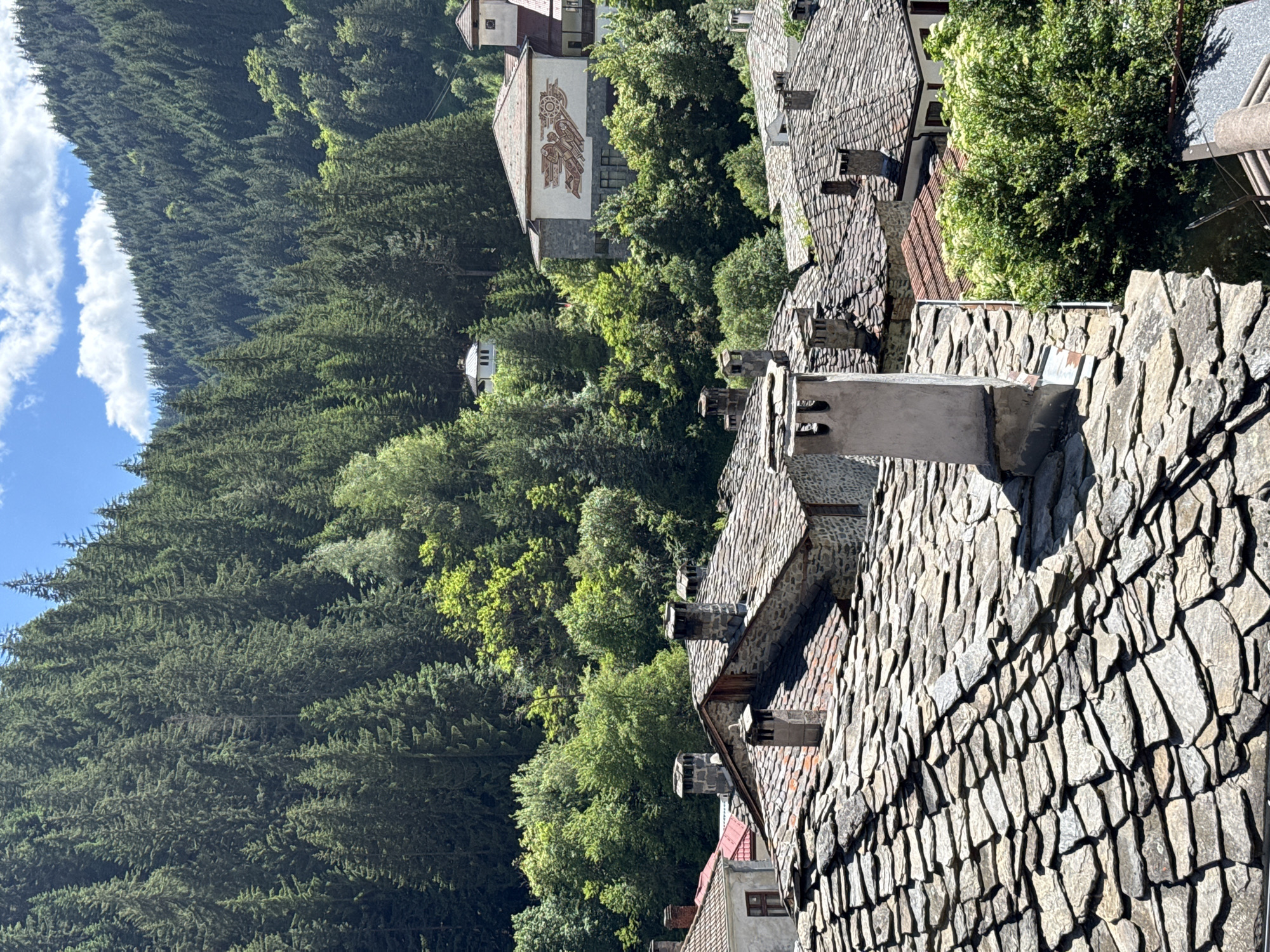 The image displays a panoramic view of Shiroka Laka, Bulgaria, characterized by traditional Bulgarian Revival architecture and its natural surroundings. The foreground is dominated by a cluster of houses with distinctive slate roofs, some of which are in disrepair. The slate tiles are laid in a staggered pattern, with visible texture and variations in color, ranging from grey to brownish tones. Several chimneys, constructed from stone and brick, punctuate the rooftops, adding to the rustic aesthetic.
In the mid-ground, more houses with similar slate roofs are visible, nestled amongst lush green trees. One building stands out with a white facade and a large, colorful mural depicting abstract figures and symbols, likely an emblem or artwork associated with the village's cultural heritage. Another taller structure with a tiled roof and a bell tower is also present, hinting at a historical or religious significance.
The background is a dense, verdant forest covering the slopes of a mountain range. The trees are predominantly coniferous, creating a deep green tapestry against the clear blue sky, dotted with fluffy white clouds. The sunlight casts shadows across the scene, highlighting the texture of the slate roofs and the foliage. The overall impression is one of a picturesque mountain village where traditional architecture harmonizes with the natural environment.