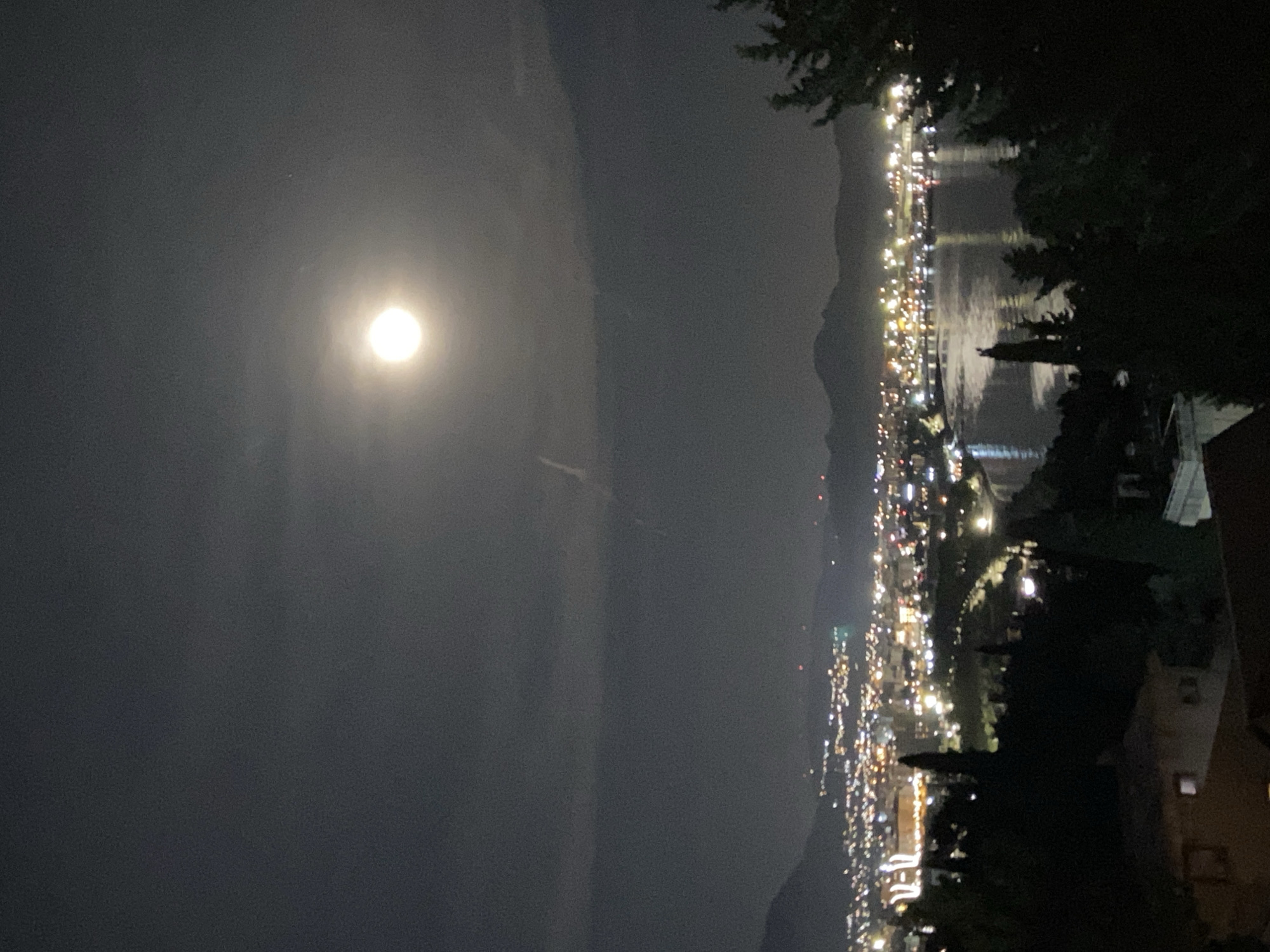 A night view of Šušanj, Montenegro, featuring a city illuminated by lights along the coast and a bright moon in the sky. Silhouetted trees and parts of a building are visible in the foreground on the right. The moon shines over a body of water. Mountains are visible in the background.