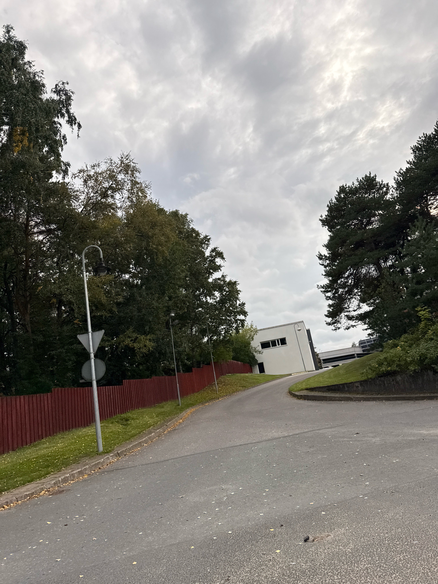 A low-angle, wide shot captures an overcast day on a slightly tilted asphalt road leading uphill. On the left, a tall, leafless tree stands behind a red wooden fence that stretches along the road. A silver lamppost with a decorative fixture and two traffic signs is visible near the fence. The road curves to the right, revealing a white building with a few windows and a darker structure behind it. To the right, a steep grassy embankment slopes upwards, topped by dark green pine trees. Fallen leaves are scattered on the road and grass, suggesting an autumn setting. The sky is filled with heavy, grey clouds. The scene appears to be in an industrial or commercial area, possibly on the outskirts of Tallinn, Estonia. There are no people or vehicles visible in the image.