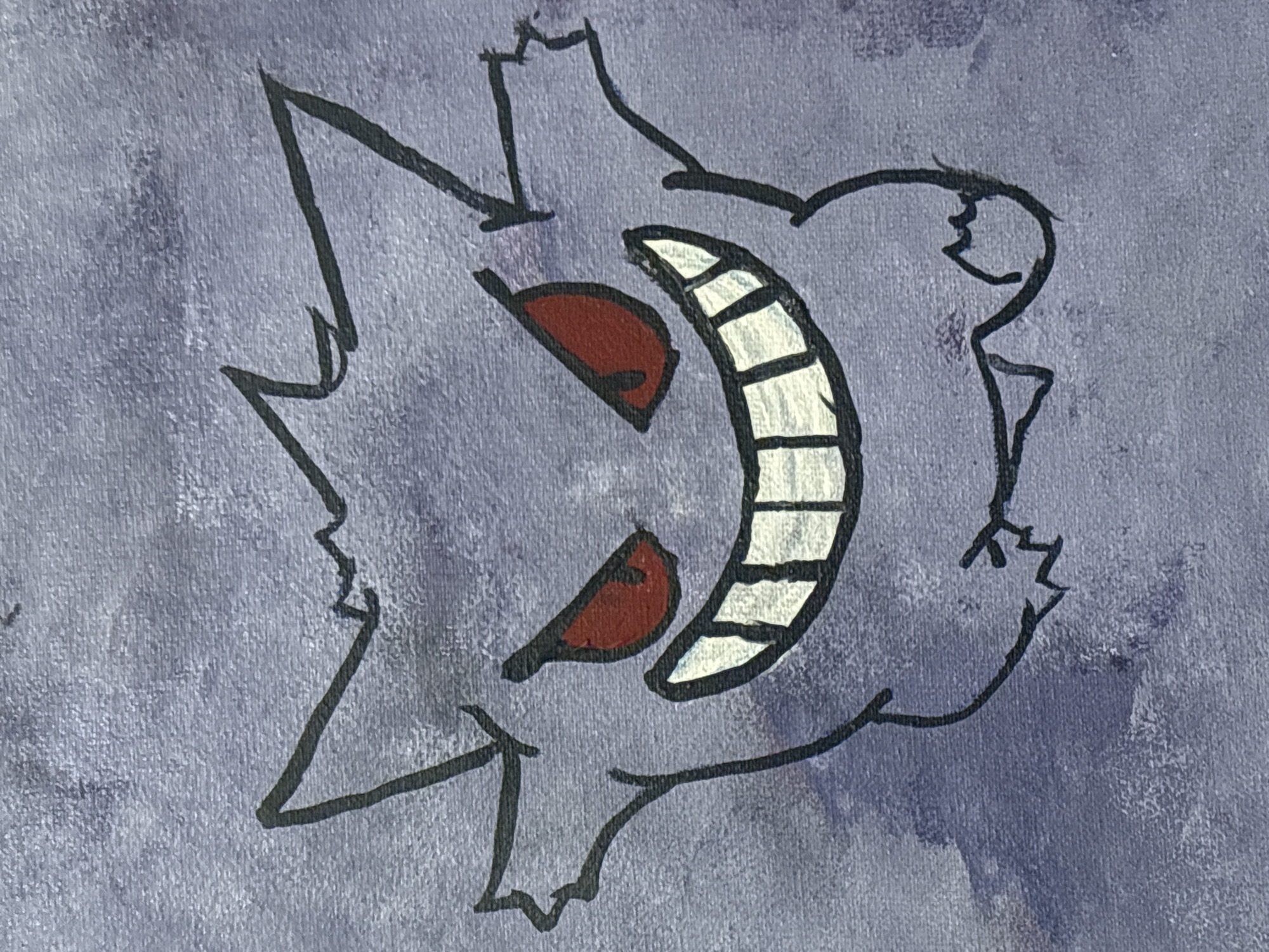 A drawing of the Pokemon Gengar, in black outline with red eyes and white teeth, is displayed against a textured blue-grey background.