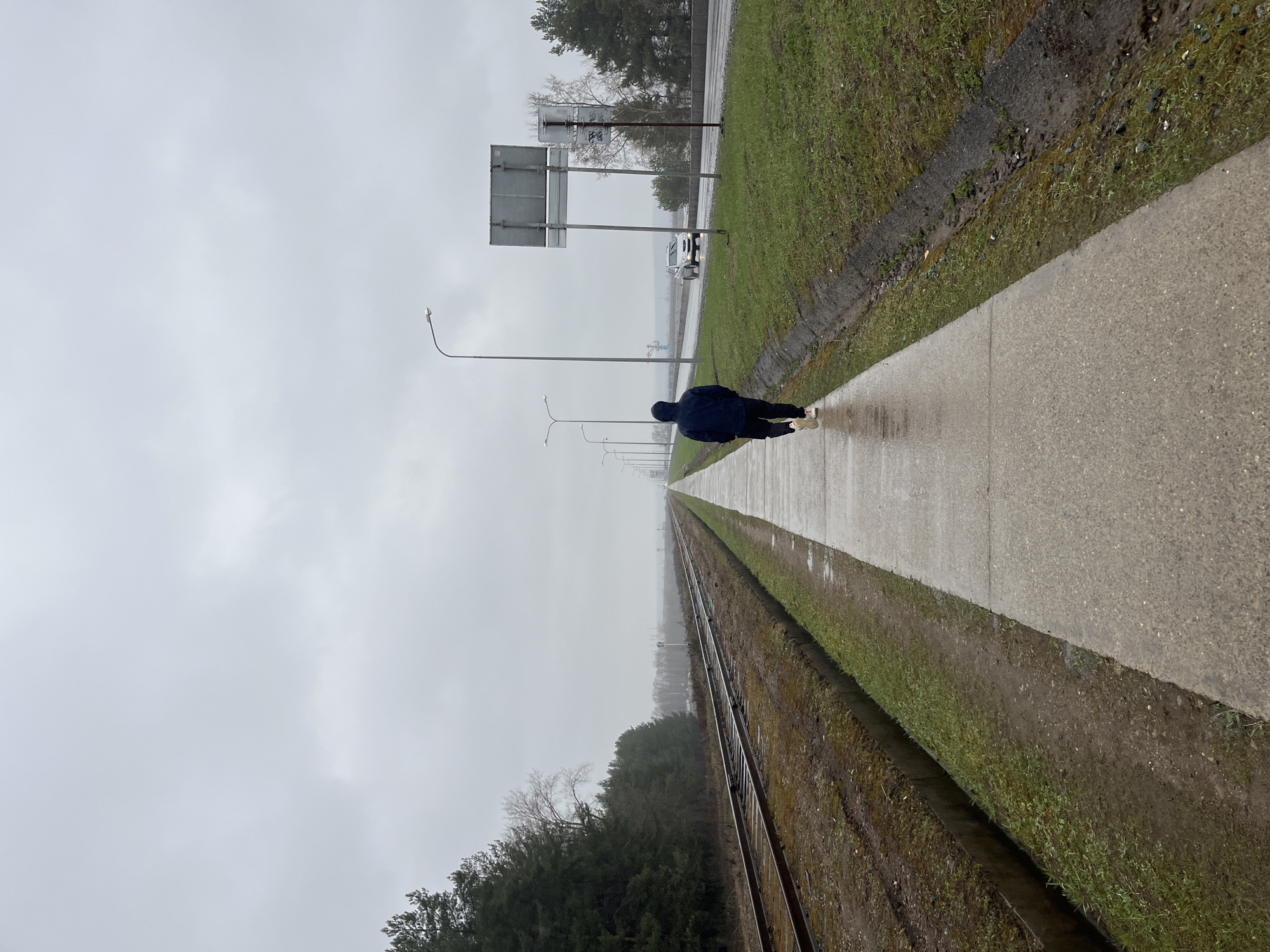 A solitary figure walks along a wet concrete sidewalk next to a railway line on an overcast day in Chaikovsky, Russia. The image, captured with a slightly askew horizon, depicts a wide, open landscape dominated by muted tones of grey and green.
The lone person, seen from behind, wears a dark hooded jacket and light-colored shoes, walking away from the viewer towards the distant horizon where the railway tracks, road, and sky converge. To the immediate left of the sidewalk is a narrow strip of dark, muddy ground with sparse grass, followed by the parallel lines of a railway track stretching far into the misty distance. Beyond the tracks, dark green trees line the lower left of the frame.
To the right of the sidewalk, a wider expanse of green grass with patches of darker earth extends upwards, leading to a road visible in the middle ground. Along this road are several streetlights receding into the distance and two tall poles with blank, grey road signs. A white car can be faintly discerned on the distant road. The sky is uniformly light grey and cloudy, suggesting a gloomy or rainy day, with the wetness of the sidewalk reinforcing this impression. No discernible text is visible on the signs or elsewhere. The overall scene evokes a sense of solitude and expansive travel infrastructure on a somber day.