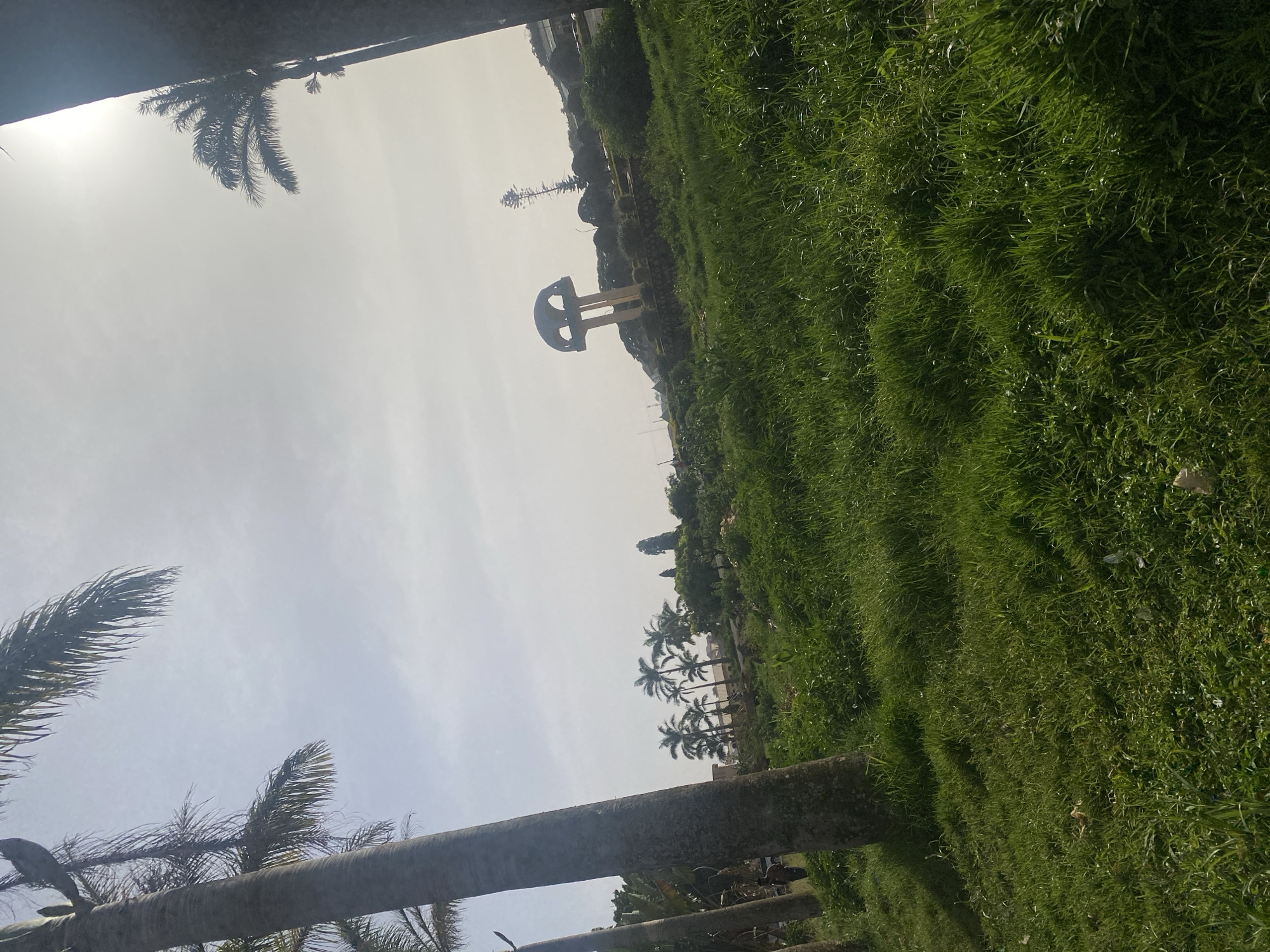 This landscape photograph, taken in Jos, Nigeria, captures an expansive outdoor scene under a bright, overcast sky. The image features a blend of natural elements and a prominent man-made structure.
In the foreground, on the left side, several thick palm tree trunks rise, their textured surfaces visible. Dark green palm fronds extend into the upper part of the frame, silhouetted against the luminous sky.
The midground and background are dominated by a vast expanse of lush, green grass, which appears to cover a gentle incline or hill. The grass shows varying shades of green, with some areas appearing darker. Perched atop this grassy hill, towards the center-right of the frame, is a distinctive concrete structure. It features a large, domed or rounded roof supported by several sturdy pillars, resembling a gazebo, monument, or a unique shelter.
Beyond the hill, in the distant background, a scattering of other trees, including more palm trees and some deciduous varieties, can be seen, their forms slightly softened by atmospheric haze. The sky occupies a significant portion of the upper frame, appearing a pale gray or off-white, indicative of an overcast day. A bright glare, likely from the sun, is visible in the upper left corner, suggesting it is daytime, possibly late morning or early afternoon, with diffused light. No people are visible, and there is no discernible text within the image. The scene conveys a sense of tranquility and openness within a natural setting.