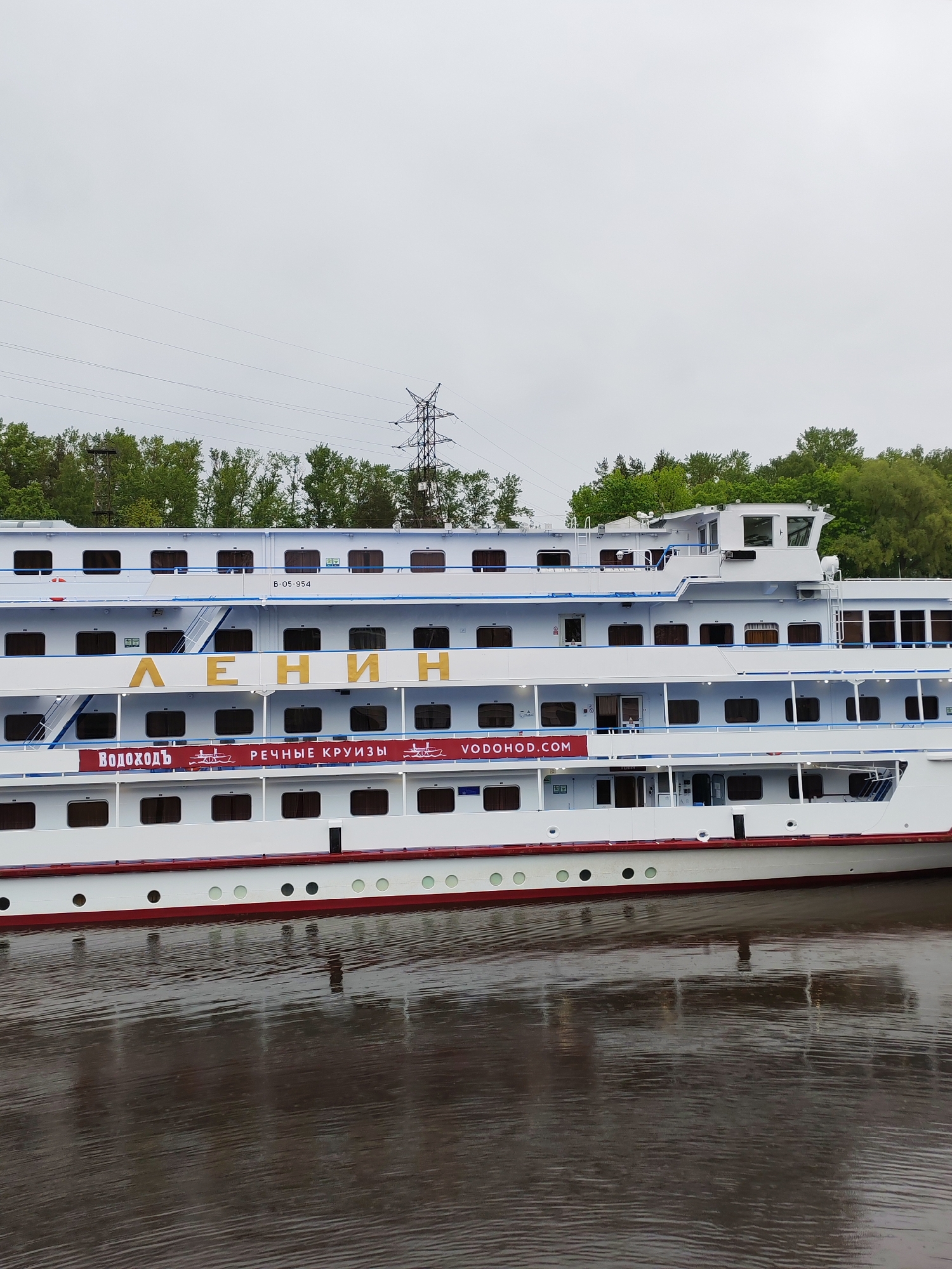 A detailed, eye-level shot shows the side of a white passenger cruise ship named "LENIN" in Cyrillic script, docked on what appears to be a river or large body of water. The ship has multiple decks, visible rows of windows, and a red stripe along the lower hull with portholes. Text in Cyrillic script, "ВОДОХОДЪ РЕЧНЫЕ КРУИЗЫ VODOHOD.COM," is seen on one of the decks. Above the ship are green trees and an overhead power line structure against a cloudy sky. The location appears to be Bol'shie Mkhi, Russia. The water has ripples indicating movement.