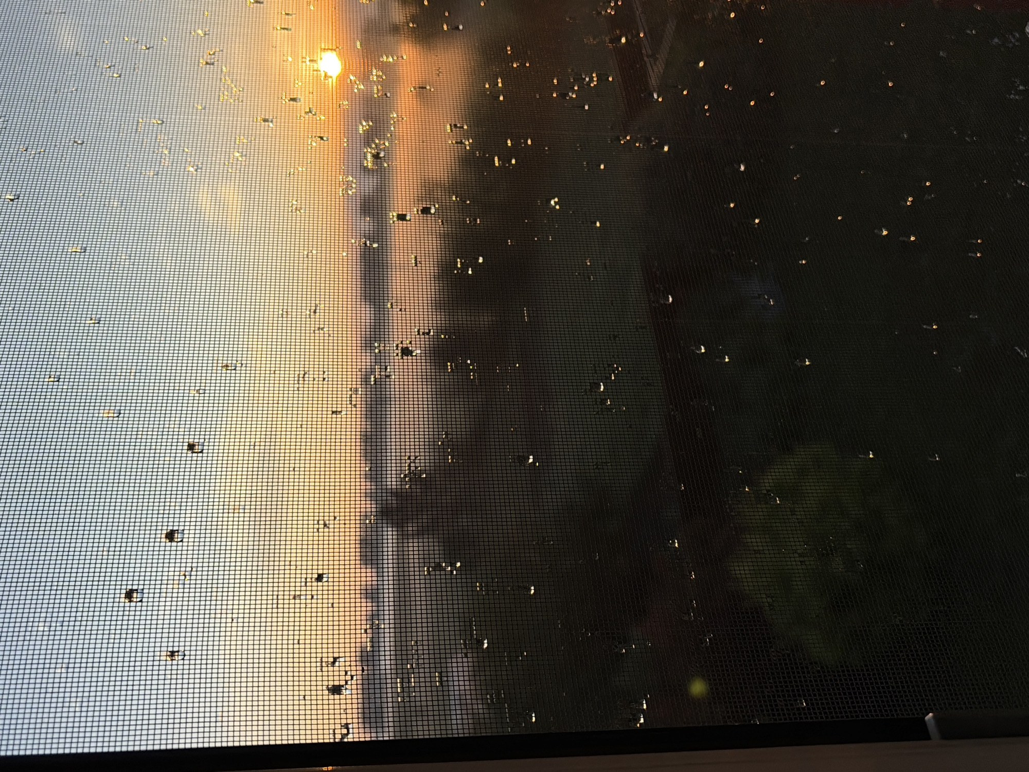 This image depicts a sunrise viewed through a window screen with water droplets. The sun is low on the horizon, casting a warm orange and yellow glow across a hazy landscape. The foreground is dominated by the dark, grid-like pattern of the window screen, with numerous clear water droplets scattered across it, distorting the view of the scene beyond. The background shows silhouetted trees and what appears to be a body of water or a misty valley. The sky transitions from a light blue at the top to warmer hues near the horizon. The overall impression is one of a peaceful, early morning scene. The location in Leninsk-Kuznetskiy, Russia, is not visually evident from the image itself. There are no people or specific objects that can be definitively identified as being within Leninsk-Kuznetskiy.
