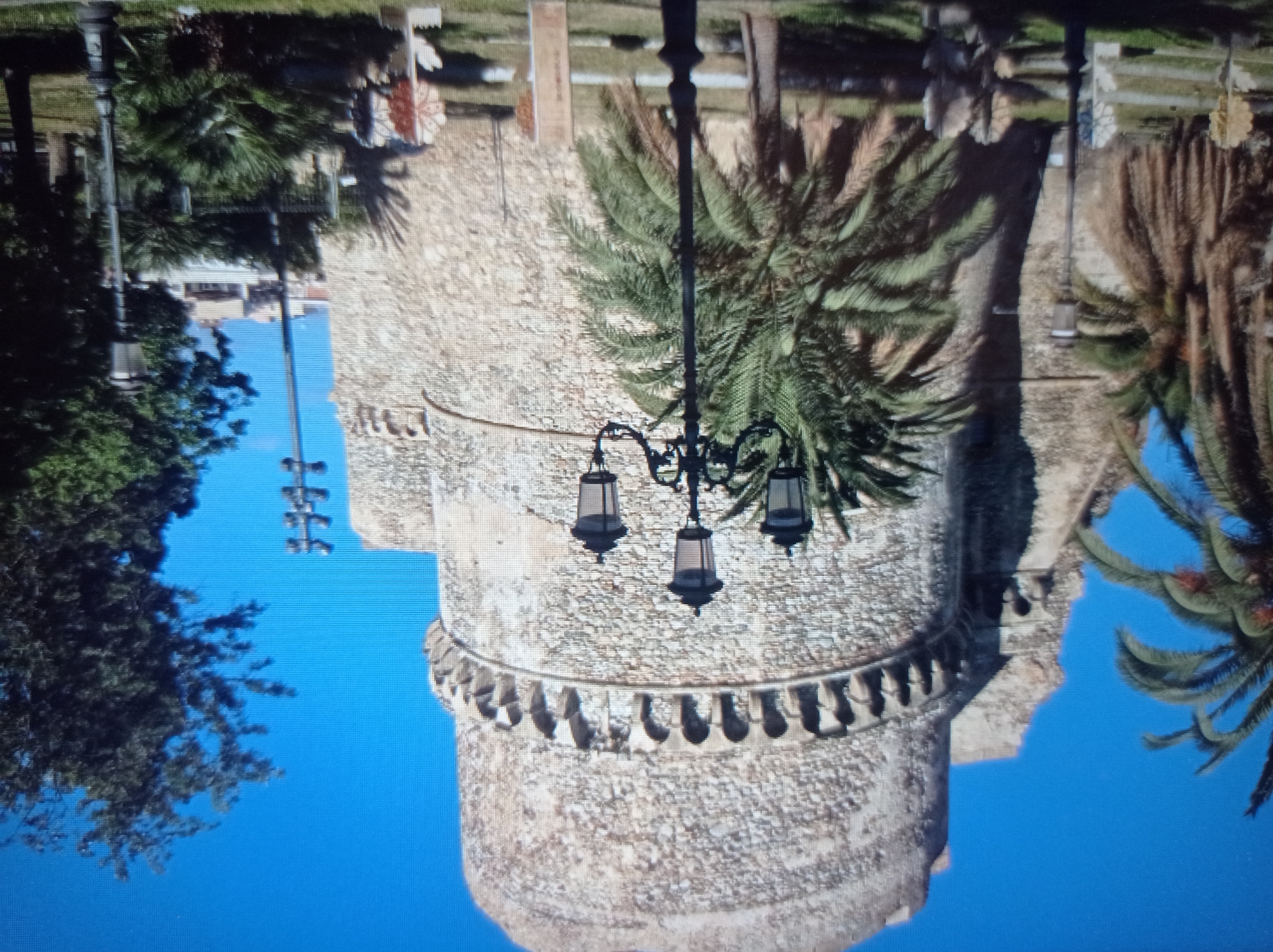 The image depicts a large, ancient stone tower with a crenellated top, partially obscured by palm trees and other foliage. The tower is made of rough-hewn stones and has a circular shape. In the foreground, a black wrought-iron lamppost with three lights stands prominently, casting shadows on the ground. There are several palm trees of varying sizes scattered throughout the scene, some appearing mature with dry fronds, others younger. The background shows a clear blue sky, with glimpses of other buildings and trees. The overall impression is of a historic structure located in a park-like setting. However, this scene is not in Mukachevo, Ukraine.