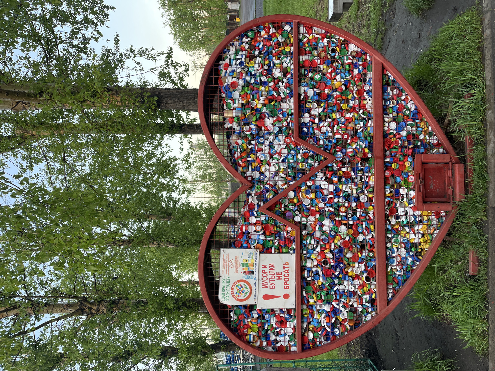 The image captures a recycling bin located in Krasnoyarsk, Russia. The bin is shaped like a large, red heart and filled with hundreds of colorful plastic bottle caps. Two signs are attached to the bin. One sign promotes a "give the lid - save the planet" campaign and the other sign reads "Do not throw trash or bottles". The bin is situated outdoors near grass and trees.
