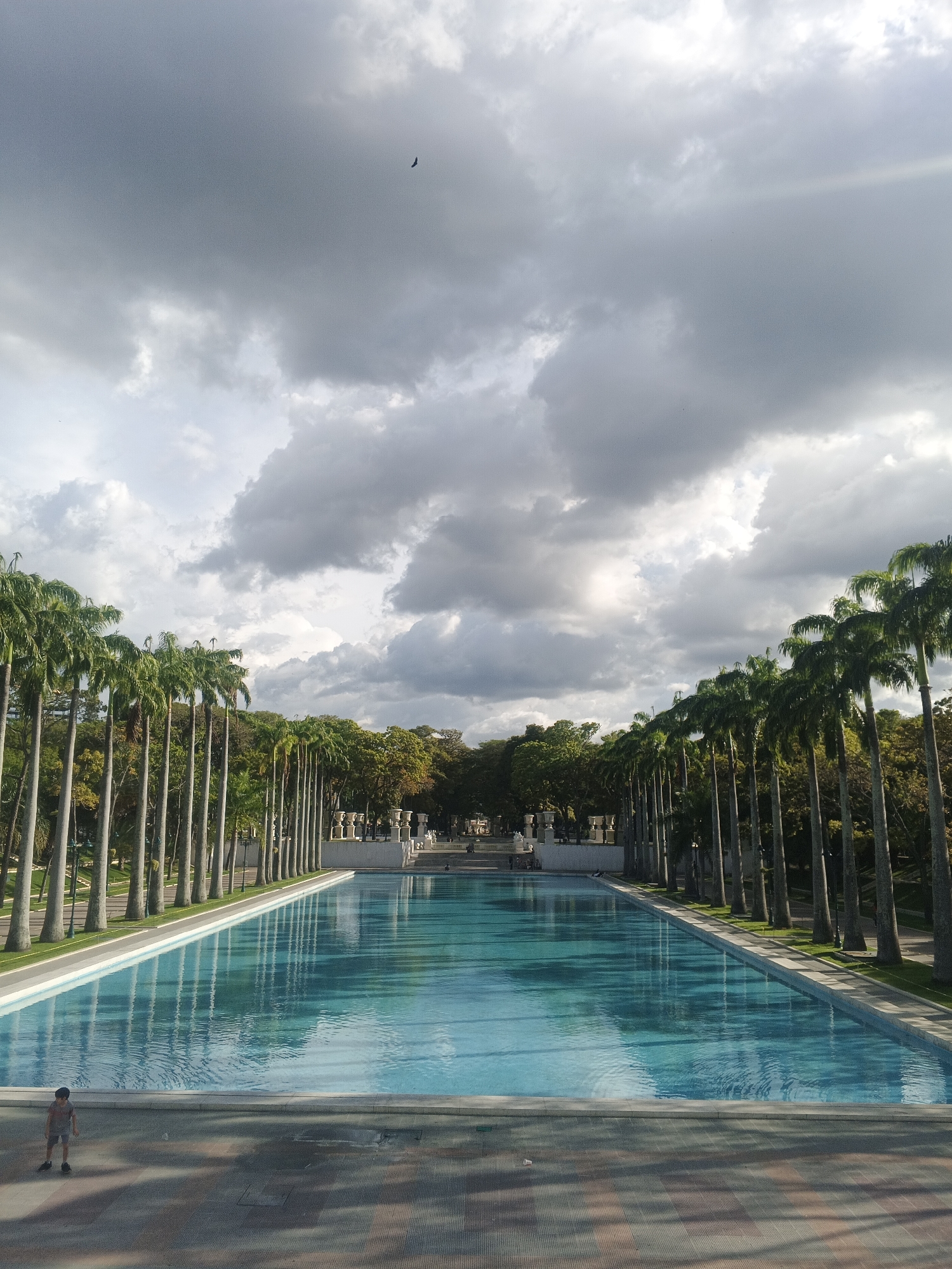 The image shows a long, rectangular reflecting pool located in Caracas, Venezuela. Palm trees line both sides of the pool, creating a symmetrical composition. The sky is filled with dramatic, gray storm clouds. A small figure of a person is visible on the left side of the pool, near the edge. In the background, beyond the pool and palm trees, there are trees and white structures, possibly statues or architectural elements. The foreground consists of a paved area with a geometric pattern.