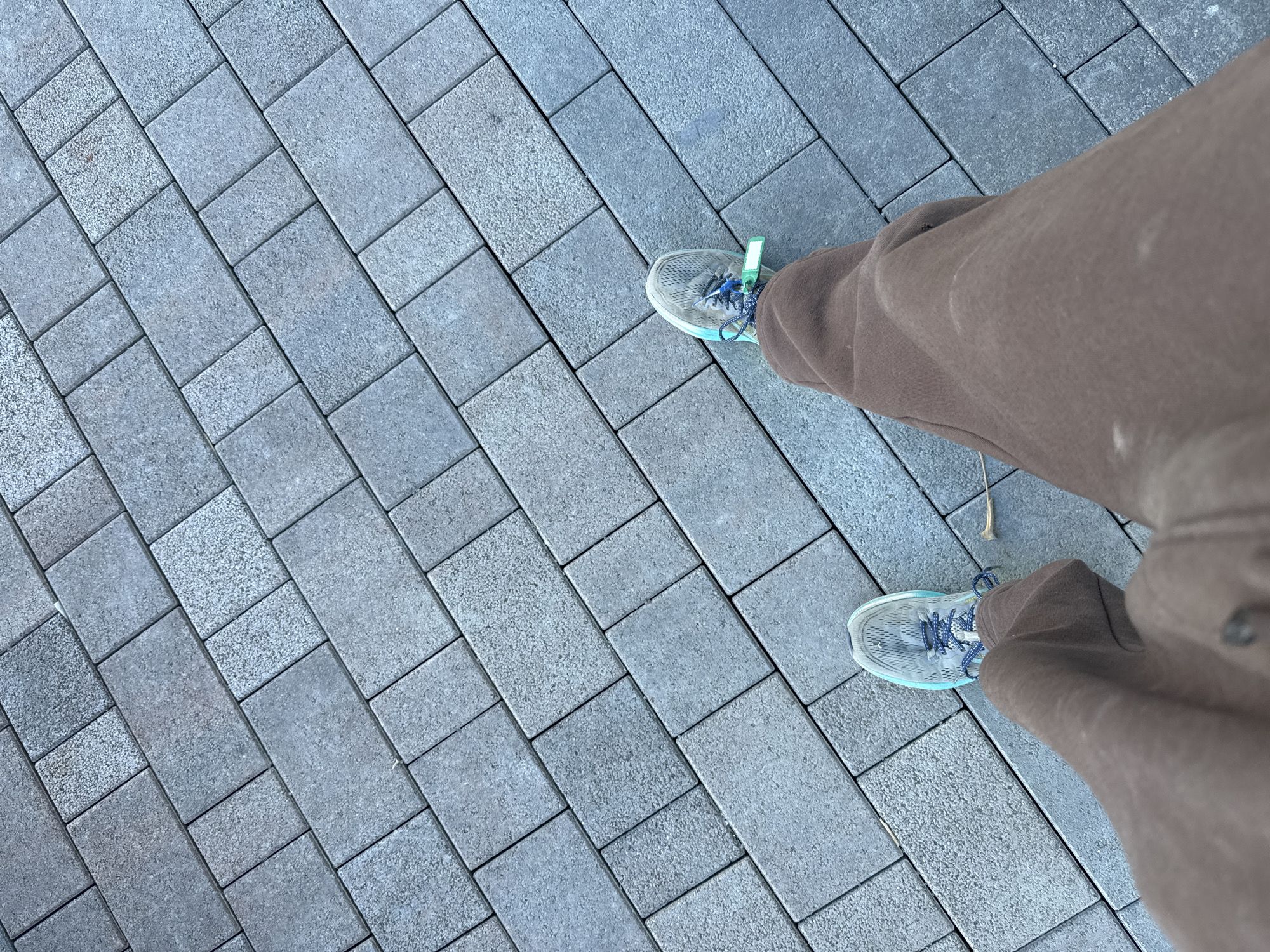 A photograph shows a person standing on a gray-paved walkway. The individual is wearing brown sweatpants and athletic shoes with light blue accents. The walkway is constructed of rectangular and square pavers arranged in an alternating pattern. The location appears to be in an urban setting, implied from the style of the walkway. However, a precise location is not discernible.