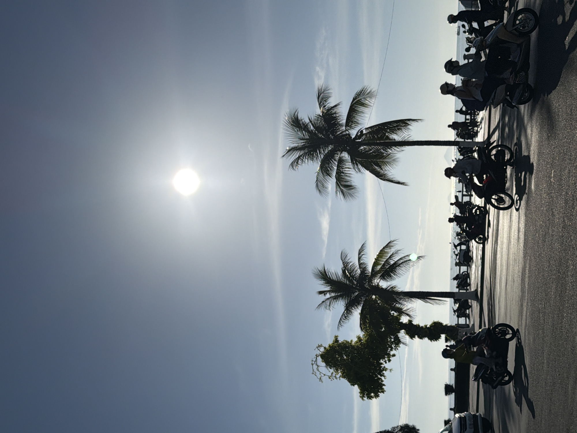 This image captures a sunlit street scene in Nha Trang, Vietnam, likely along the coastal road. The bright sun, positioned high in a clear blue sky with faint wisps of clouds, casts long shadows and silhouettes many of the subjects. The foreground features a paved road with several people riding motorbikes. One individual in a yellow shirt is riding a motorbike towards the left of the frame, with their shadow extending behind them. To the right, two motorbikes with riders are prominent, one with two individuals wearing helmets and masks, and another with a single rider, also wearing a helmet. A variety of parked motorbikes are visible further down the street.
In the middle ground, two palm trees stand tall, silhouetted against the sky. To the left of these, a leafy tree with a winding branch structure is also silhouetted. Beyond the trees and road, a body of water, presumably the ocean, is visible, with a dark embankment and some vegetation along its edge. The background is dominated by the expansive sky and the bright sun, creating a strong backlit effect. The overall atmosphere is bright and energetic, suggesting a busy street in a coastal city.
