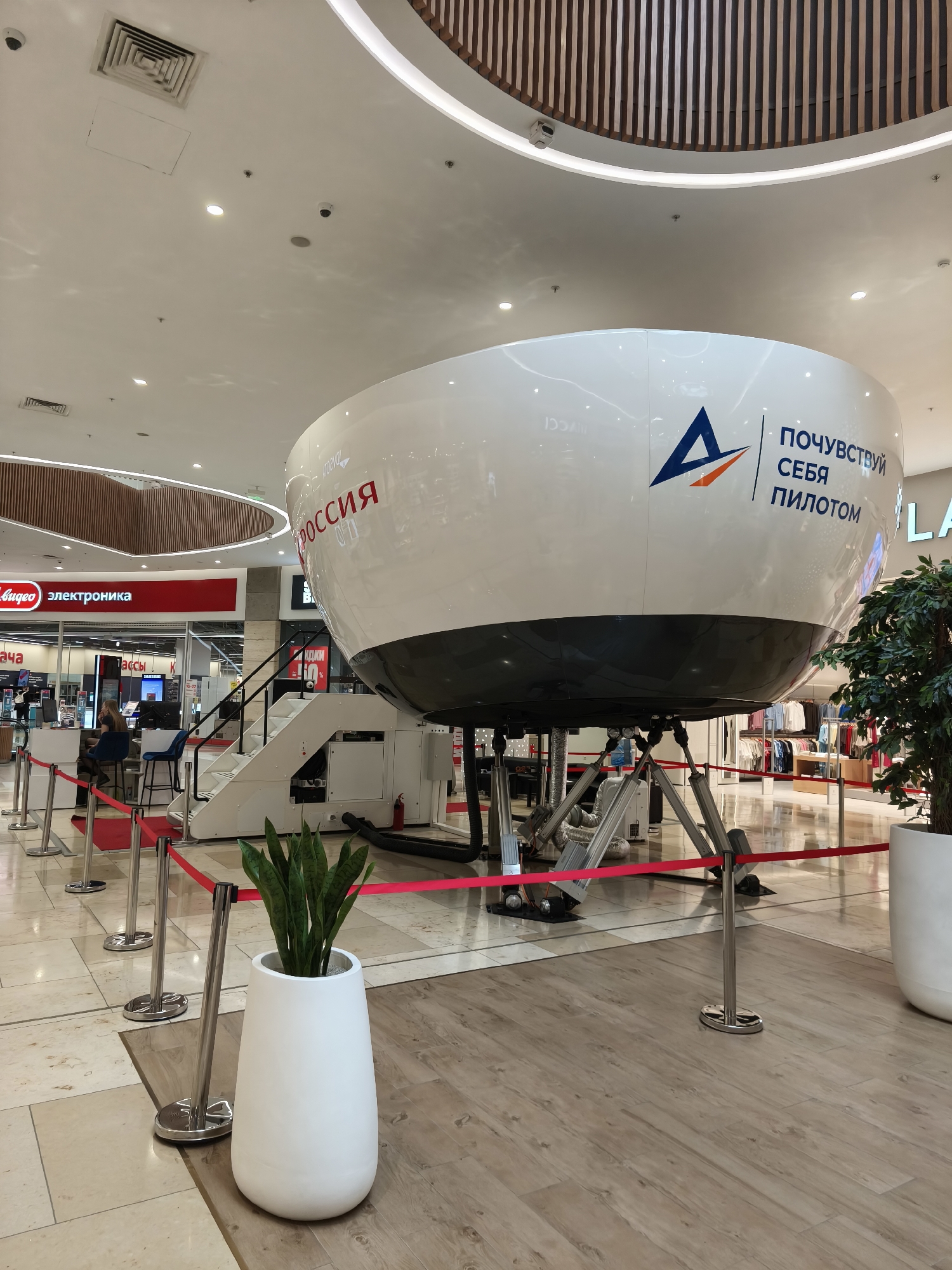 The image shows a large, white, spherical simulator, possibly for flight training, situated in the center of a modern shopping mall. The simulator has a dark grey base and is supported by a metallic structure. Red velvet ropes cordon off the area around the simulator, and stanchions with chrome bases are visible. In front of the simulator, to the left, a white, teardrop-shaped planter holds a snake plant.
Behind the simulator, there are escalators leading up to a floor with shops. One prominent sign in red lettering says "М.Видео Электроника" (M.Video Electronics), suggesting a consumer electronics store. Further back, the interior of the mall is visible, with shops displaying merchandise, including clothing. Two women are seated at a counter in front of the electronics store.
The ceiling of the mall features a modern design with curved white surfaces and wooden slatted panels. Several lights and security cameras are mounted on the ceiling. The floor of the mall is tiled in a light marble pattern, with sections of light brown wood-look flooring. The overall impression is a well-lit, spacious, and contemporary indoor environment.
The text on the simulator includes the word "РОССИЯ" (RUSSIA) in red lettering, and a logo with the letter "А" and orange accents. To the right of the logo, in blue lettering, is the phrase "ПОЧУВСТВУЙ СЕБЯ ПИЛОТОМ" (FEEL YOURSELF A PILOT).
Although the image itself does not contain explicit clues to its location in Vladivostok, Russia, the presence of Russian text on the simulator and within the store signage strongly indicates the country. Assuming this is a public display in a city, it is plausible that this scene is located in Vladivostok, Russia, within a shopping mall.
