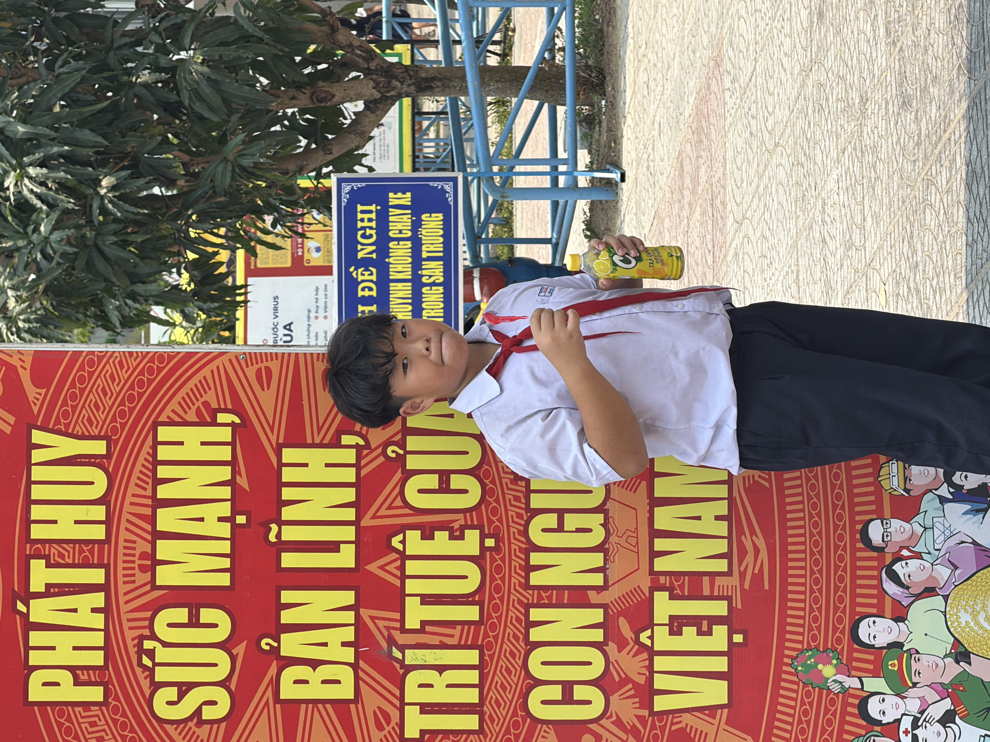The image features a young Vietnamese boy, likely a student, standing outdoors in a brightly lit schoolyard or public area in Đà Nẵng, Vietnam. He wears a white short-sleeved shirt, dark pants, and a red scarf, indicative of the Young Pioneers organization. The boy holds a yellow bottle of C2 Lemon Tea and looks towards the viewer with a slight, gentle smile.
The scene is well-lit by daylight, suggesting a sunny day. A large, prominent red banner with bold yellow text is behind him. The text reads: "PHÁT HUY SỨC MẠNH, BẢN LĨNH, TRÍ TUỆ CỦA CON NGƯỜI VIỆT NAM," which translates to "Promote the strength, bravery, and intellect of Vietnamese people." The banner also displays illustrations of diverse Vietnamese individuals.
To the boy's right, a blue sign with white text is visible, stating: "ĐỀ NGHỊ PHỤ HUYNH KHÔNG CHẠY XE TRONG SÂN TRƯỜNG," which requests parents not to drive vehicles inside the school premises, a common safety measure in Vietnamese schools. To the left, a partially obscured public health advisory sign mentions "VIRUS" and "BỘ Y TẾ" (Ministry of Health), listing symptoms such as "Suy hô hấp" (respiratory failure) and "Viêm cơ tim" (myocarditis). In the background, there's a green-leafed tree, a blue metal structure, and a patterned tiled ground.