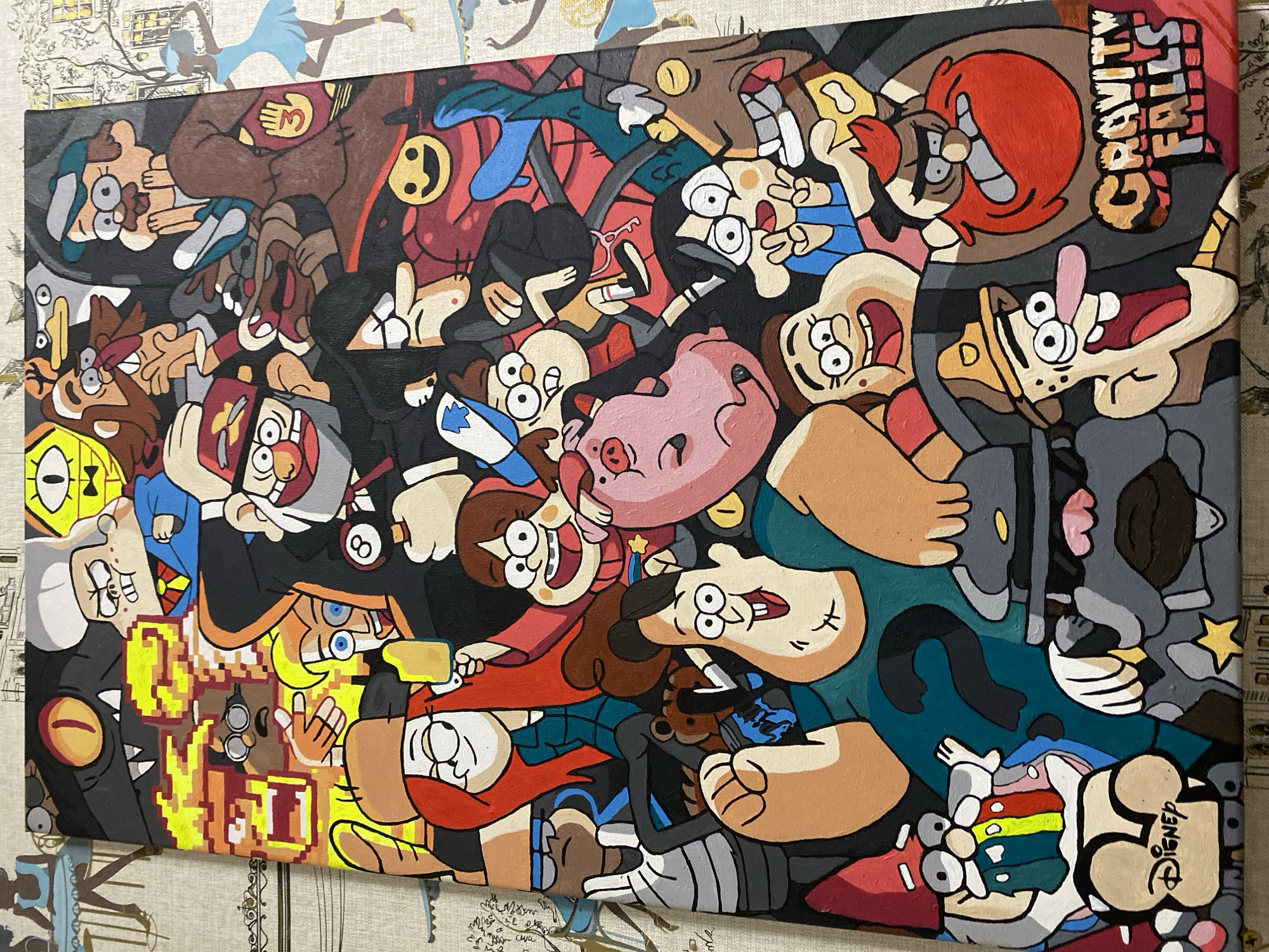 The image is a painting of characters from the animated series "Gravity Falls." The painting is densely packed with cartoon characters, rendered in a flat, colorful style. The characters are in various poses, suggesting action and interaction, though the composition is somewhat chaotic. Some prominent characters include Mabel Pines, Dipper Pines, Grunkle Stan, Soos Ramirez, Wendy Corduroy, and Bill Cipher. There are also representations of various creatures and symbols from the show. The painting is detailed and appears to be made with acrylic or oil paints on canvas. There is a visible "Disney" logo in the bottom left corner and "Gravity Falls" text in the bottom right. The background is black, with some abstract colorful elements, possibly representing a magical or chaotic setting. The painting is displayed on a surface that resembles a patterned tablecloth or fabric.
The query requests the location of this scene in the city of Антоньевка, Russia. However, the image itself is a painting depicting fictional characters and locations from a TV show. There is no information within the image that connects it to any specific real-world location, especially not Антоньевка, Russia. Therefore, the location in Антоньевка, Russia, cannot be determined from the provided image.