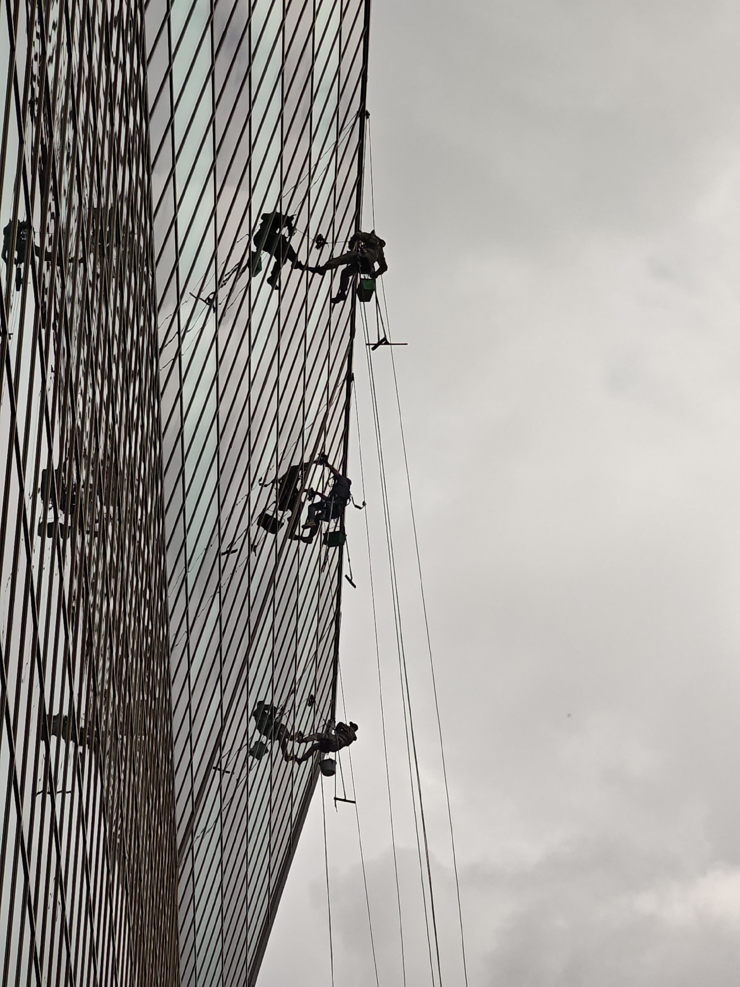 In an urban setting, possibly Unknown, Unknown, a group of window washers are suspended by ropes against a reflective glass skyscraper. The workers, silhouetted against a cloudy sky, are positioned at different heights on the building's facade. Each individual is equipped with safety harnesses and appears to be cleaning the windows with tools and buckets. The skyscraper itself has a modern design with numerous diagonal lines, creating a geometric pattern on its surface. The overall scene depicts a high-risk, high-altitude work environment.