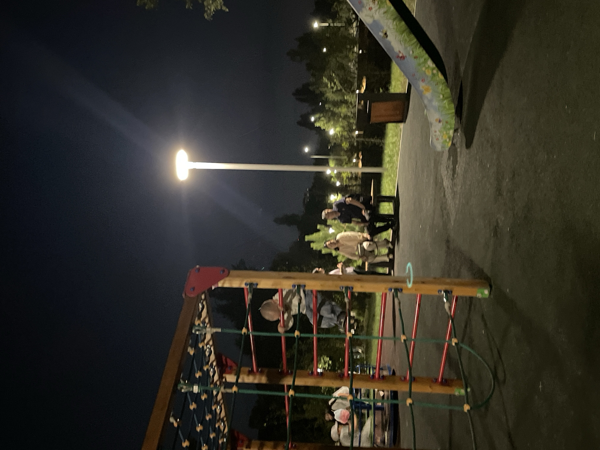 The image depicts an outdoor children's playground at night in Almaty, Kazakhstan. A young child is visible on a jungle gym, climbing on the red bars. To the right, a slide with a colorful design of grass and flowers is partially visible. In the background, several adults are seated on a bench, illuminated by a tall lamppost that casts a bright light. Trees and other lampposts are visible in the distance, suggesting a park or recreational area within the city. The ground surface appears to be dark, rubberized material, typical of playgrounds.