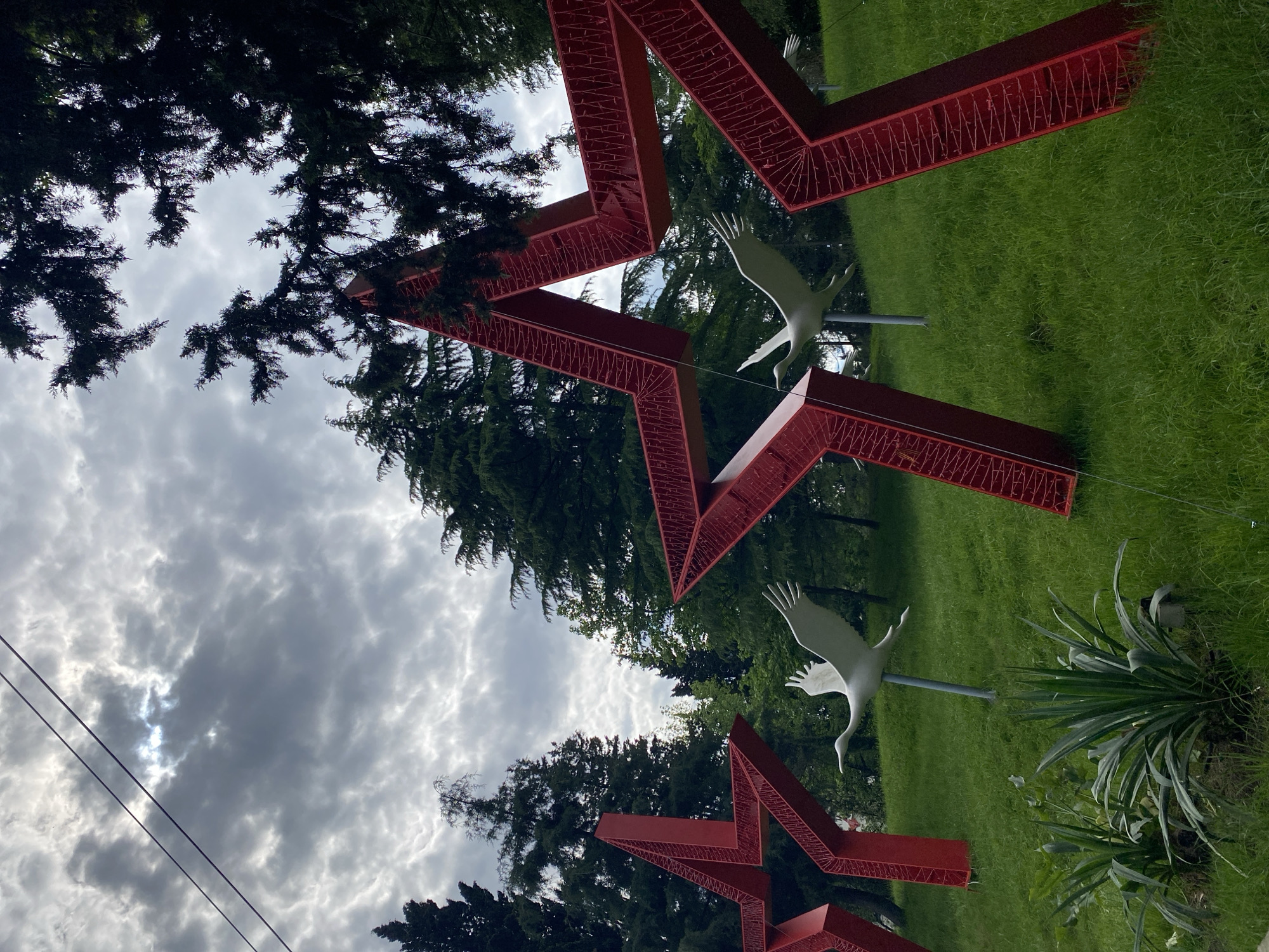The image shows a park scene in Sochi, Russia. Several large red star sculptures are visible, along with white crane statues placed among them on the green lawn. Trees and cloudy sky fill the background. A few power lines are running through the sky.