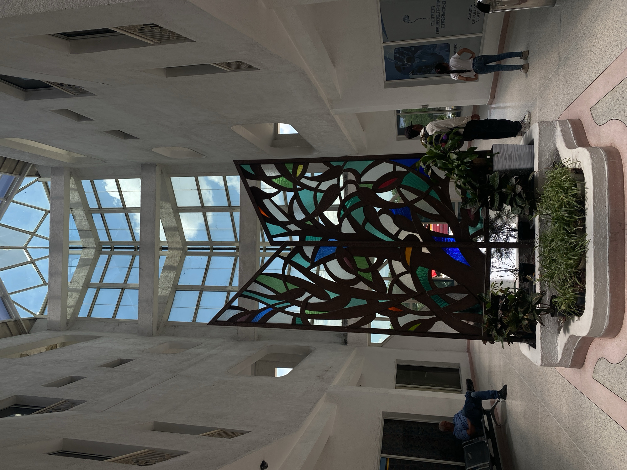 This is an interior shot taken in Naguanagua, Venezuela. The image features a high-ceilinged space with a large stained glass artwork taking center stage. The architectural design incorporates a significant amount of glass paneling, allowing natural light to flood the area.
Several people are present, with two individuals standing near a display sign and luggage. Another person is seated on a bench in the lower part of the image. Plants are arranged around the base of the stained glass artwork, adding a touch of greenery. The interior is primarily white, with a light-colored tiled floor. The setting appears to be a public space, possibly a terminal or transit hub.