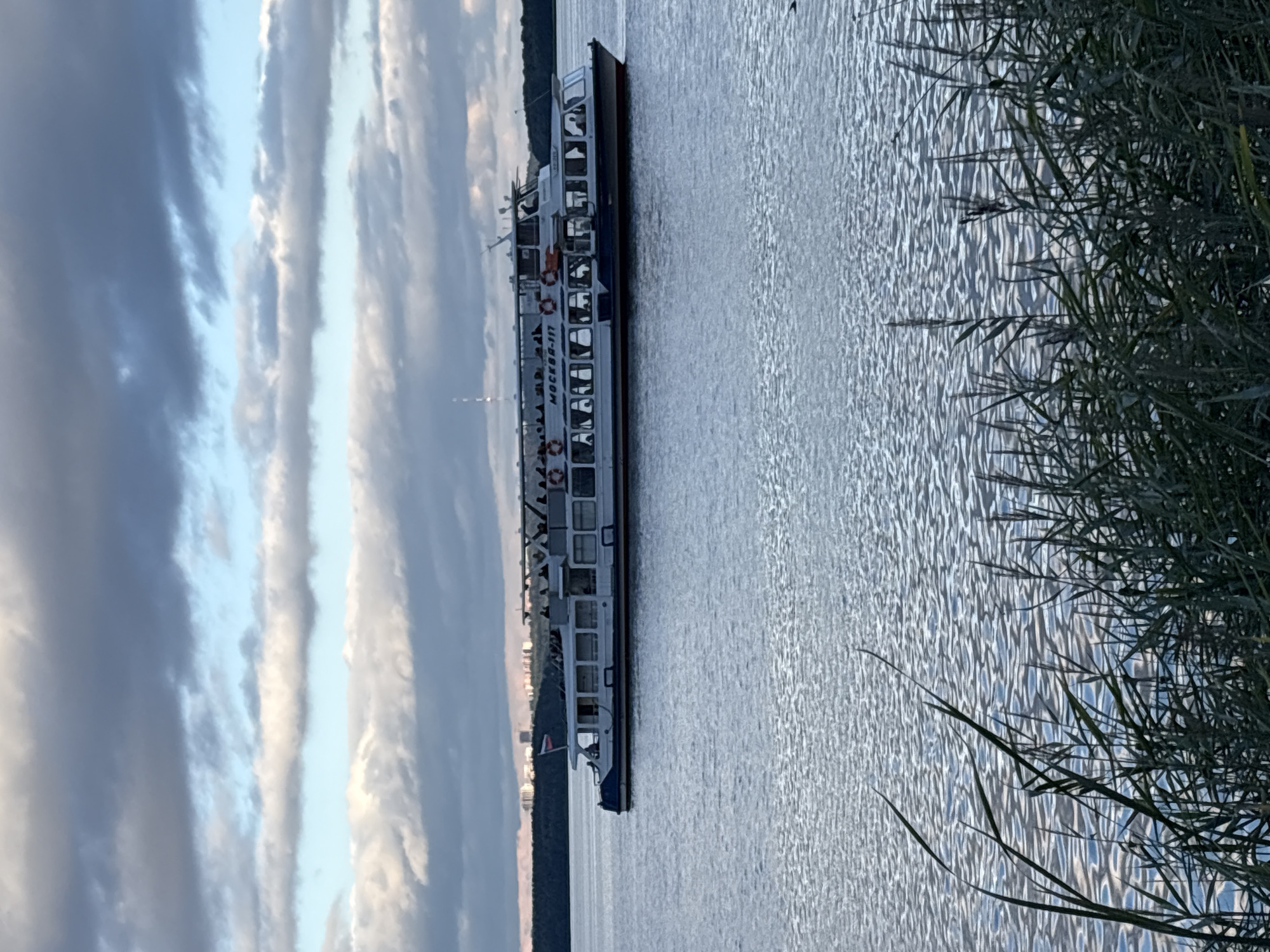 A modern passenger boat is navigating across a wide body of water, likely a river or lake, under a cloudy sky. The boat, which appears to be white with blue accents and a red waterline, is carrying many passengers on its open upper deck and within its enclosed lower deck. The name "МОСКВА-117" is visible on the side of the boat. A Russian flag is flying from the bow. In the distance, a city skyline with many buildings is visible on the far shore, which is lined with trees. The water is rippled, reflecting the sky and surrounding environment. In the foreground, tall reeds or grasses are growing along the edge of the water. The scene suggests a scenic view of a waterway near an urban area, possibly during an excursion or tour. Given the context of the boat name "МОСКВА-117" and the presence of a Russian flag, this scene is consistent with a location in Russia. While the specific location in Izhevsk cannot be definitively determined from the image alone, Izhevsk is situated on the Izh River and has several reservoirs, such as the Izhevsk Reservoir, which could be the setting for such a scene.