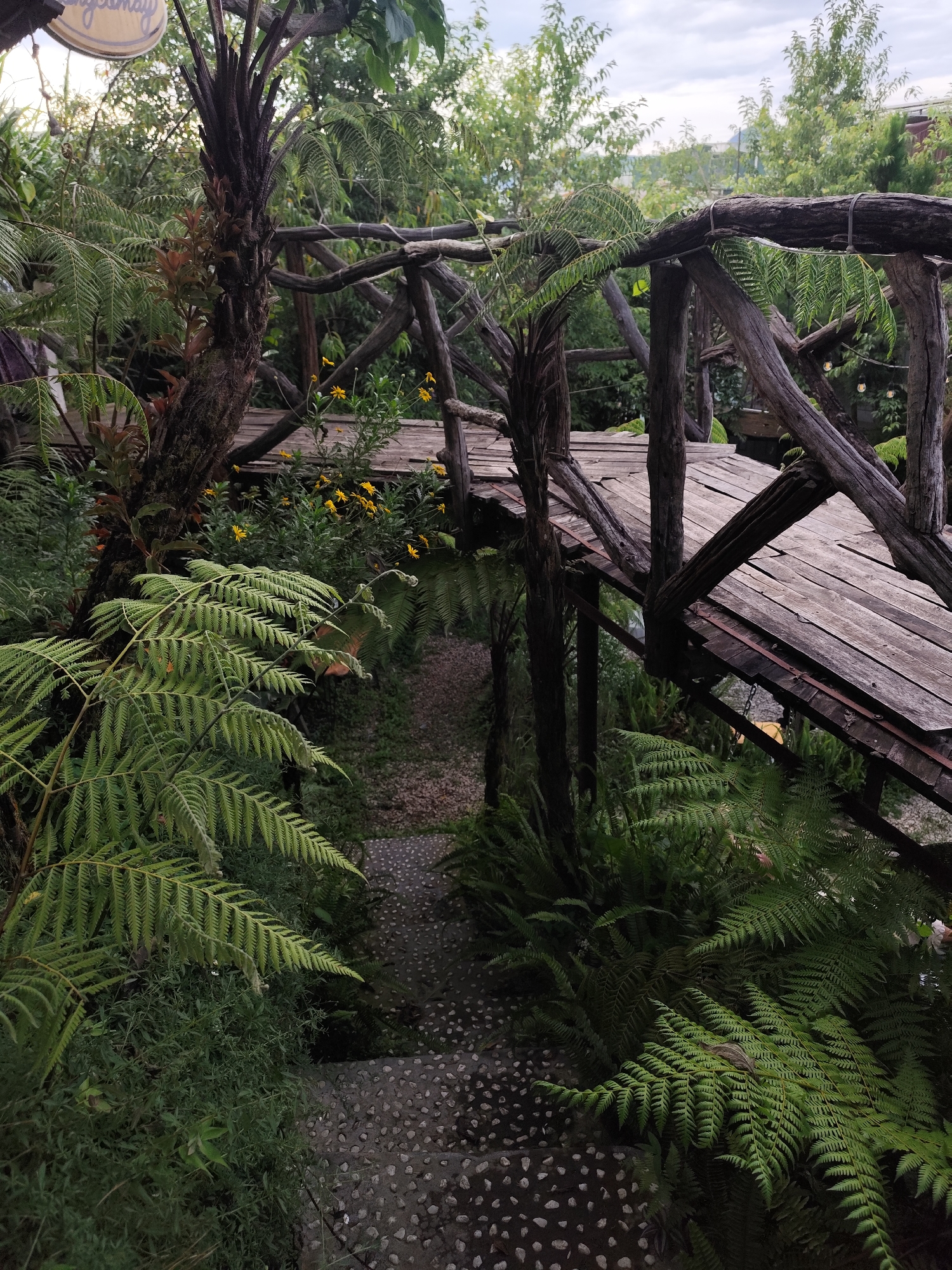 The image shows a wooden bridge in a garden setting. The bridge is constructed of weathered wood, with a simple railing made from branches. The path leading to and from the bridge is paved with small stones. Lush greenery surrounds the bridge, including ferns and other plants. Yellow flowers are visible growing near the bridge. The location is Lâm Viên - Đà Lạt, Vietnam. The lighting suggests it is either early morning or late afternoon. No people are visible.