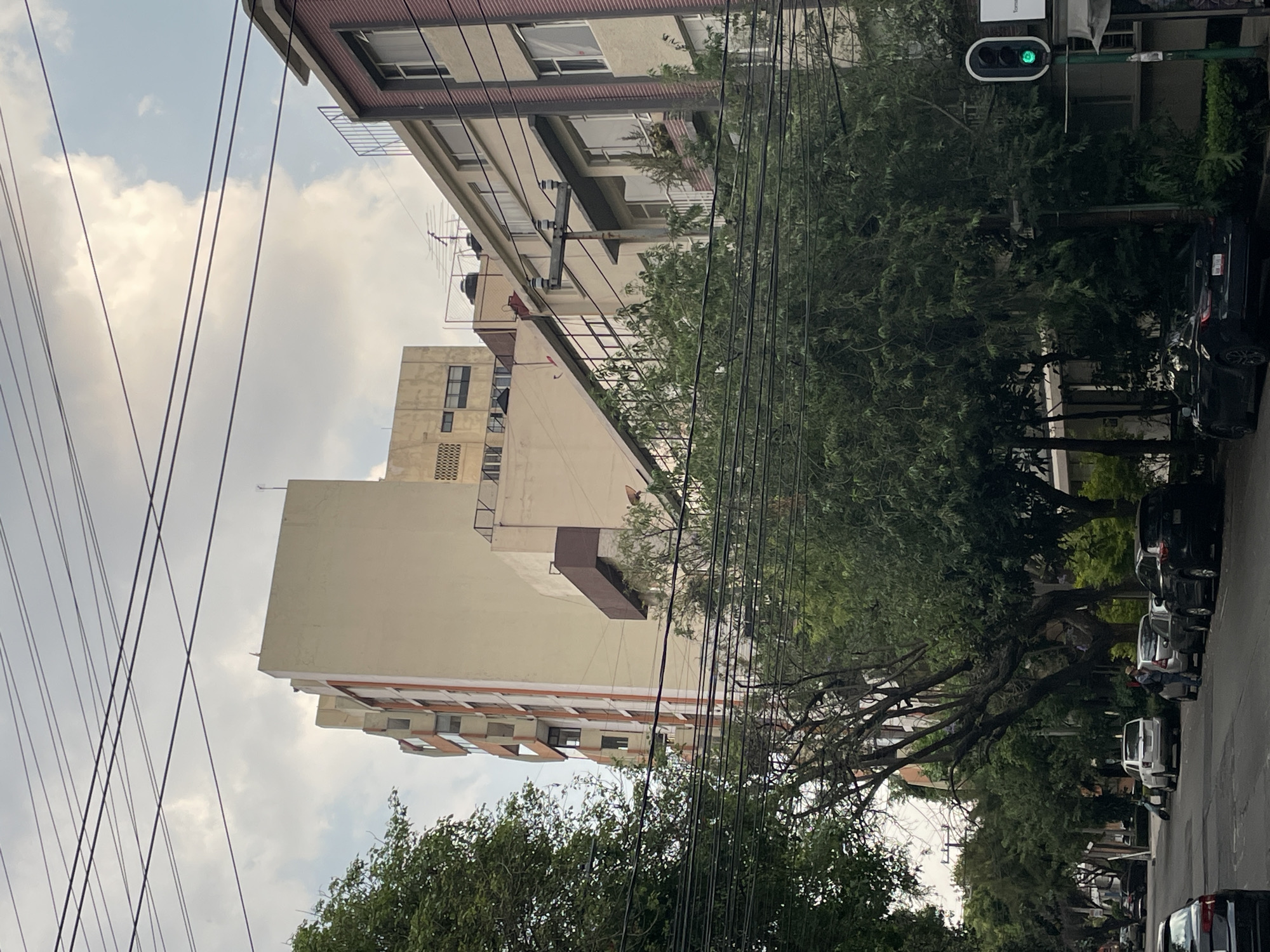 The image depicts a street scene in Mexico City, Mexico, angled upwards towards buildings and a cloudy sky. Overhead power lines crisscross the view. A tall, beige building with orange trim is visible on the left side of the frame. To the right, a building with multiple balconies and a possible red roof is partially visible. A green traffic light is seen amidst dense trees, obscuring much of the street. Cars are parked along the street, hinting at urban activity. The density of the trees suggests a residential area within the city. A person is visible on the street amongst the cars, walking along the street.