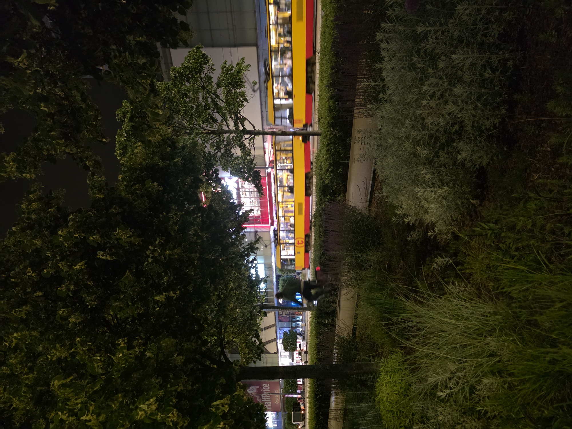The image depicts a nighttime street scene in Warsaw, Poland. In the foreground, lush greenery and low bushes line a pathway, with tall trees whose leaves are illuminated by ambient light. Behind the greenery, a modern building with large glass windows is visible, featuring signage for "HalfPrice" and other illuminated storefronts. A yellow and red tram is in motion on a track to the right of the building, its windows showing silhouettes of passengers. To the left of the tram, a person is riding a bicycle on a path, with a white van and a white car also visible on the street. The scene suggests an urban environment at night, with commercial activity and public transportation evident.