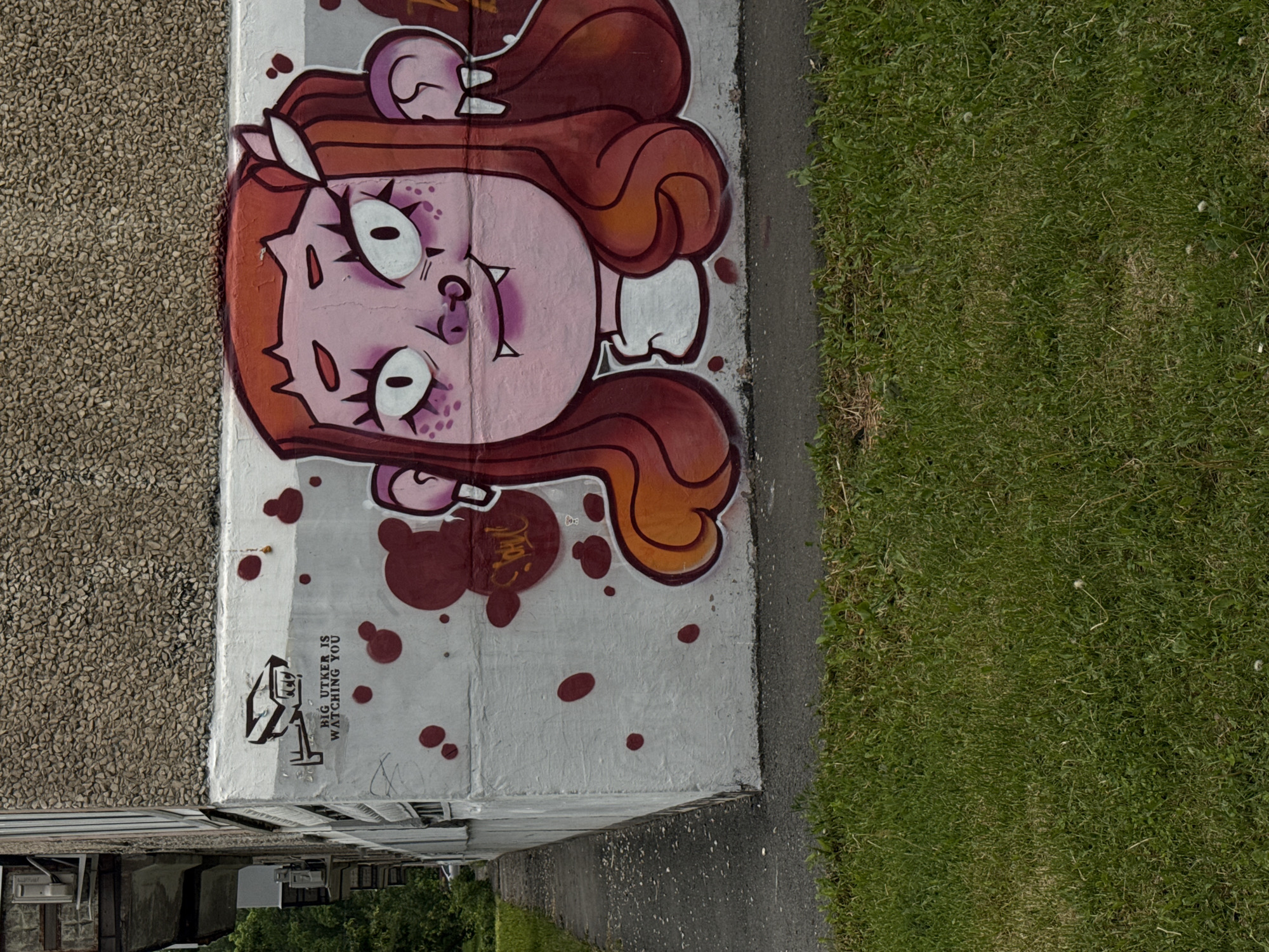 This image captures a vibrant piece of graffiti art on a concrete wall, viewed from a slightly elevated perspective. The main subject is a large, cartoonish depiction of a young woman's head. She has pale pink skin, large white eyes with dramatic black lashes, a small nose, and visible fangs, giving her a vampiric or mischievous appearance. Her reddish-brown hair is wavy with orange highlights, and she wears a white bow. Pink freckles dot her cheeks. Dark red splatters, resembling blood, surround her head on the wall.
To the left of the painted wall is a textured surface of small, light-colored pebbles, possibly part of a rooftop or ground covering. Below the wall, parts of a building with windows and external units are visible, alongside some green trees. To the right of the wall, a narrow strip of dark asphalt separates it from a wide patch of green grass.
A notable detail below the character's head is a black stencil graphic depicting what appears to be a surveillance camera or microphone. Next to it, the text "BIG UTKER IS WATCHING YOU" is written in black capital letters. The scene is brightly illuminated, suggesting daytime and clear weather. The setting appears to be an urban or suburban area in Izhevsk, Russia, where the graffiti adds a striking element to the architecture and natural surroundings.
