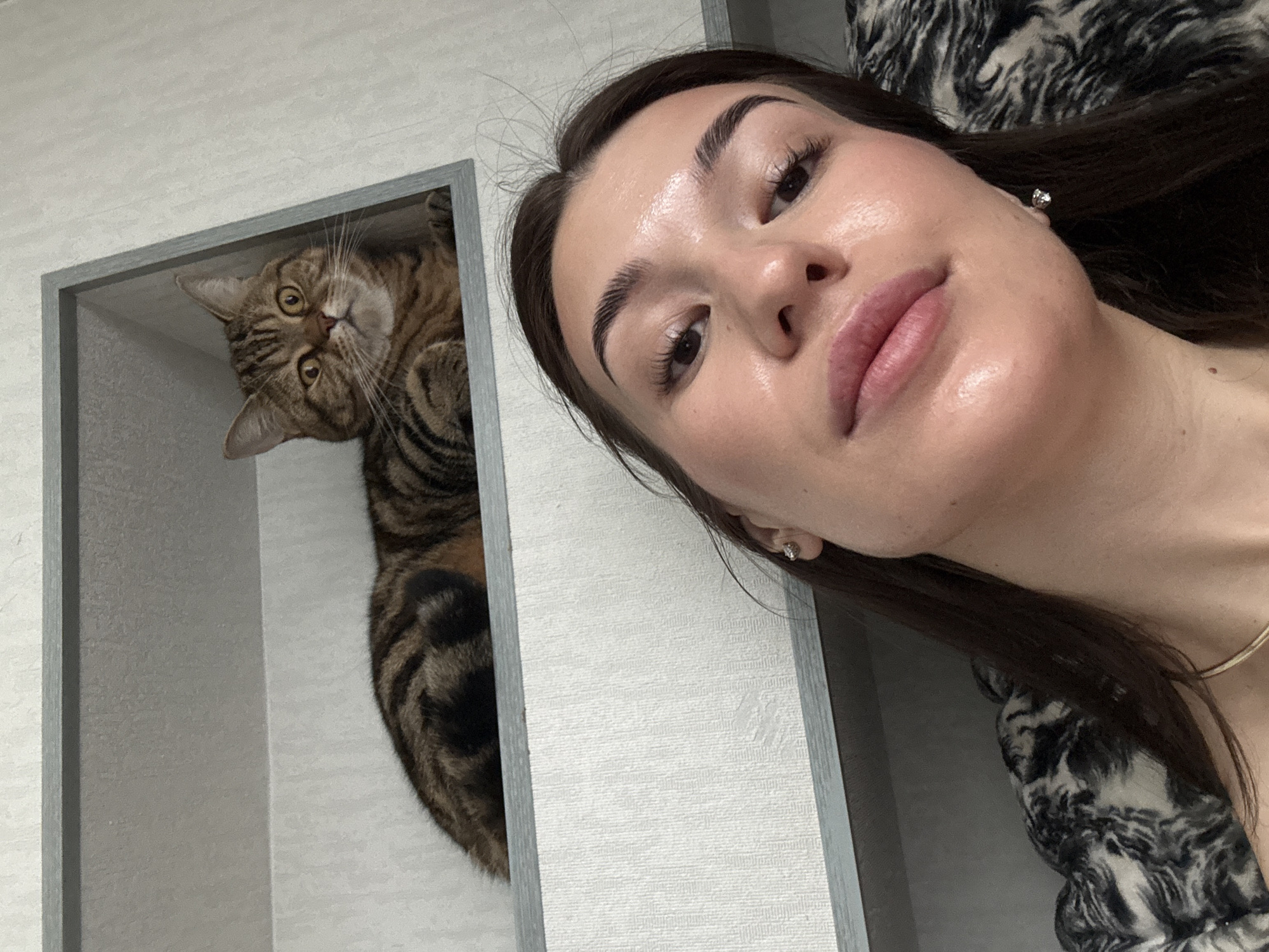 An angled, indoor selfie captures a young woman and a tabby cat in what appears to be a domestic setting in Chaikovsky, Russia. The woman, positioned on the right, looks towards the camera with a neutral expression. She has dark hair, pronounced eyebrows, long eyelashes, and full, light pink lips. Her skin appears hydrated and dewy, and she wears a small stud earring and a thin gold necklace. Her attire includes a top with a black and white patterned fabric.
To the left, a brown and black striped tabby cat with large, alert yellow eyes peers out from a light-colored recessed alcove or shelf, its gaze also directed towards the camera. The cat's head and a portion of its striped body are visible within the frame. The background features light-colored, textured walls, suggesting a cozy home interior. The image depicts a casual moment shared between the woman and her pet. No text is visible.