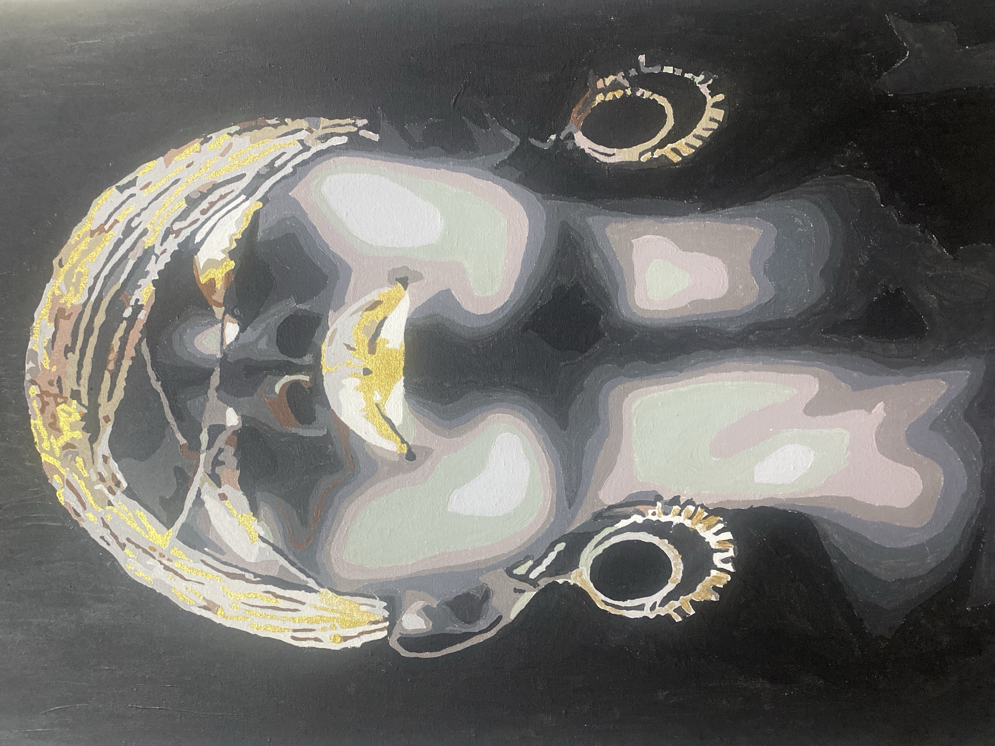 This is a painting of a person's face against a black background. The face is rendered in a palette of grays, whites, and some pale pinkish tones, with gold accents on the lips, headband, and earrings. The style is somewhat abstract, with bold, blocky shapes defining the features. The person is wearing large, circular earrings with gold detailing. The composition is a close-up of the face, looking upwards. The image does not provide any information or context related to Sof'ino, Russia.