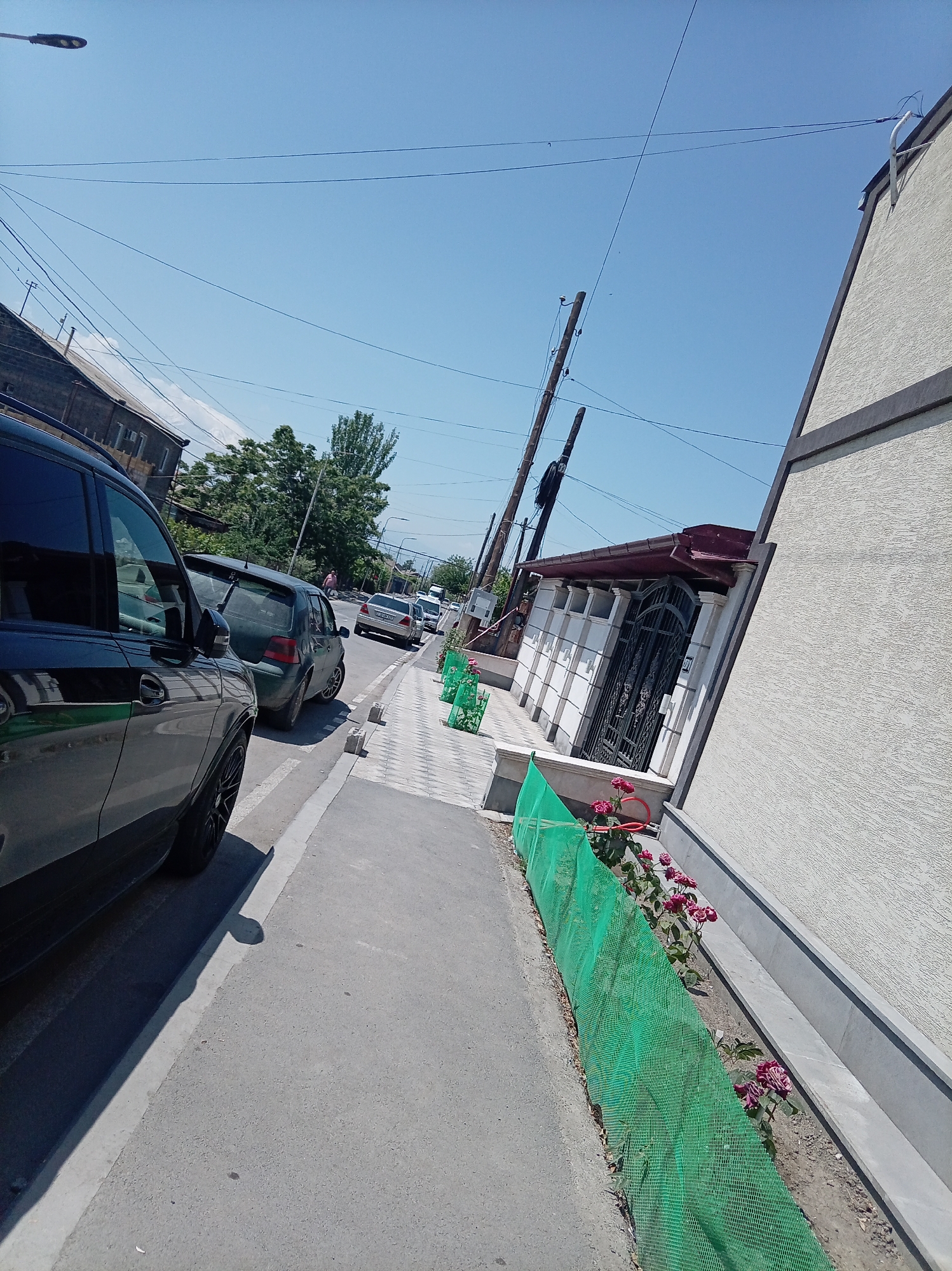 A street scene in Unknown, Unknown, features a row of parked cars on the left side of the road, including a black SUV in the foreground. The street is paved, with a sidewalk running alongside it. Along the sidewalk, a white building with a dark-tiled roof and an ornate metal gate is visible. In front of the building, a flowerbed with red roses is protected by green netting. Power lines crisscross the clear blue sky above. Several other vehicles are seen on the road, moving away from the viewer. The overall scene suggests a sunny day in a residential or mixed-use urban area.
