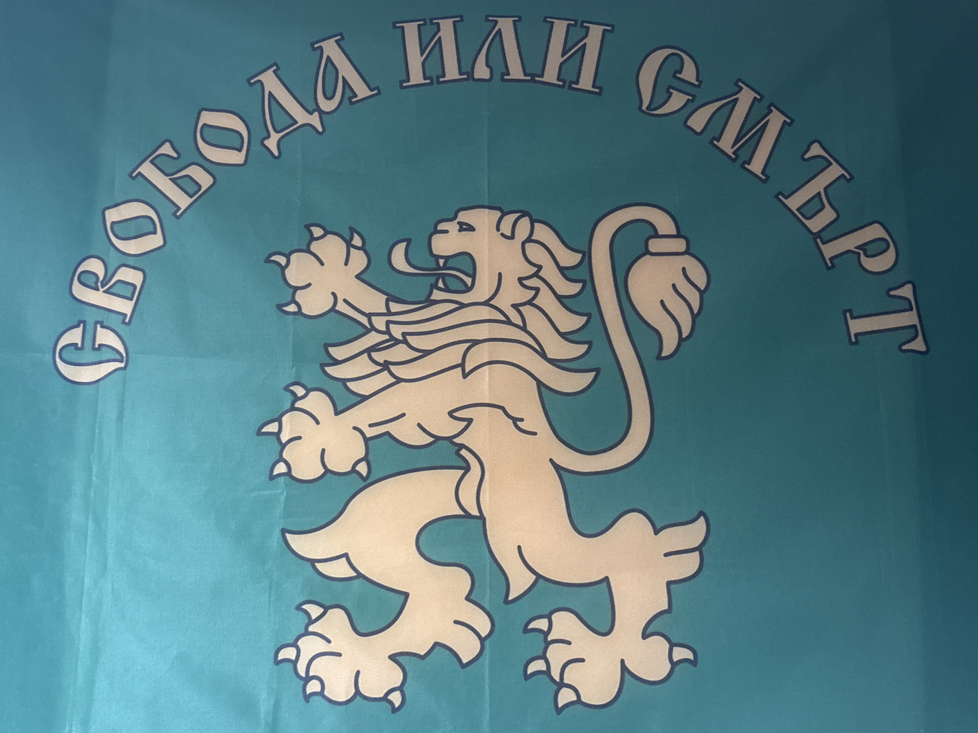 The image depicts a blue flag with a beige heraldic lion and the inscription "Свобода или смърт" ("Freedom or Death") in beige Cyrillic lettering above the lion. The lion is shown in a rampant position, with its tongue extended and a stylized mane. The background is a plain blue fabric. The image does not provide explicit information regarding the location in Plovdiv, Bulgaria. Therefore, a forensic description would focus on the flag itself and its visual elements. There are no people, interactions, or specific environment visible in the image beyond the flag.