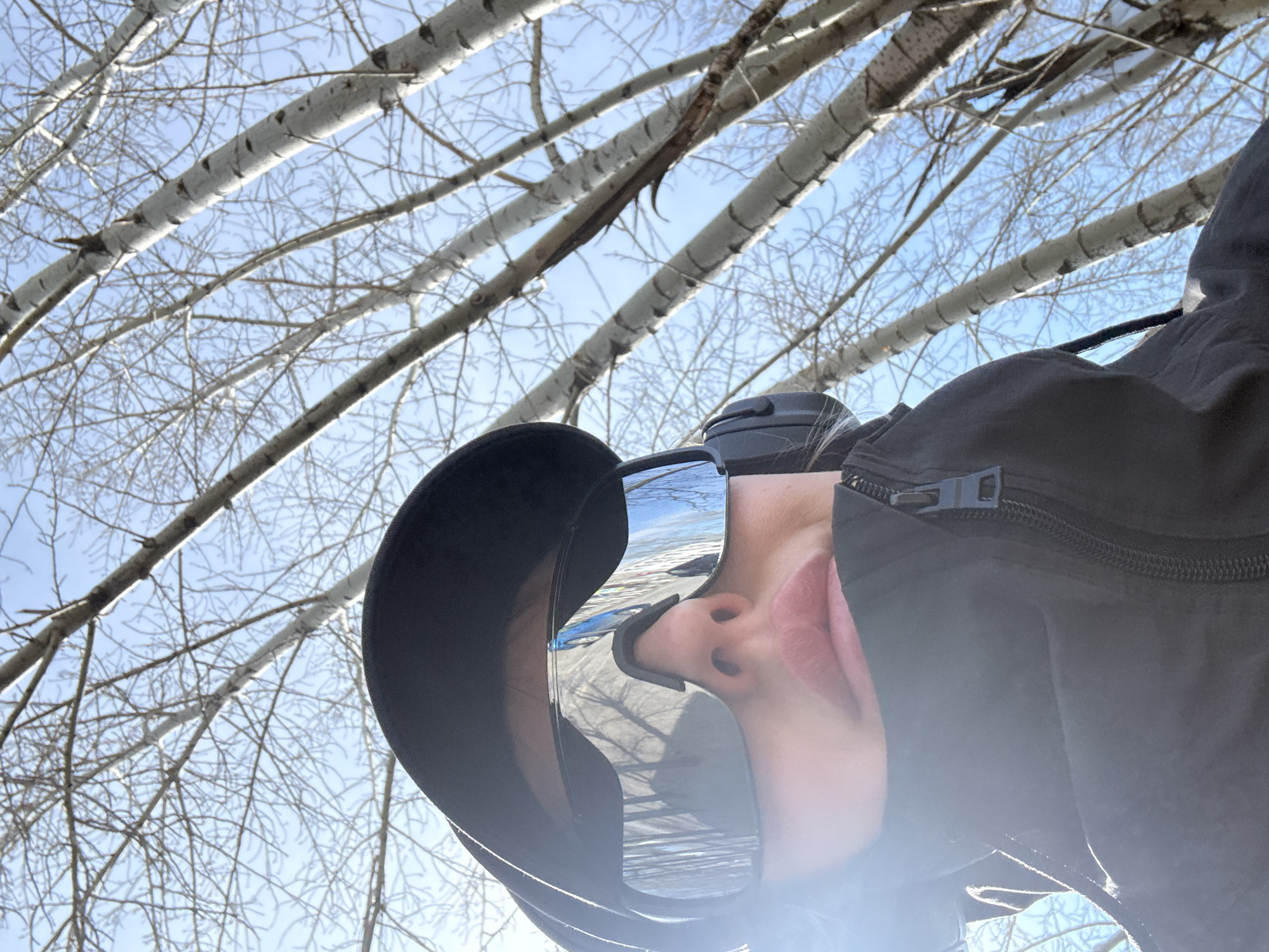 The image shows a low-angle perspective of a person wearing sunglasses and a dark jacket, standing beneath birch trees against a light blue sky. The trees are bare, suggesting a winter or early spring scene. The person's face, including lips and nose, is partially visible and reflected in the sunglasses. The setting is possibly Borzya, Russia, considering the presence of birch trees, which are common in the region.