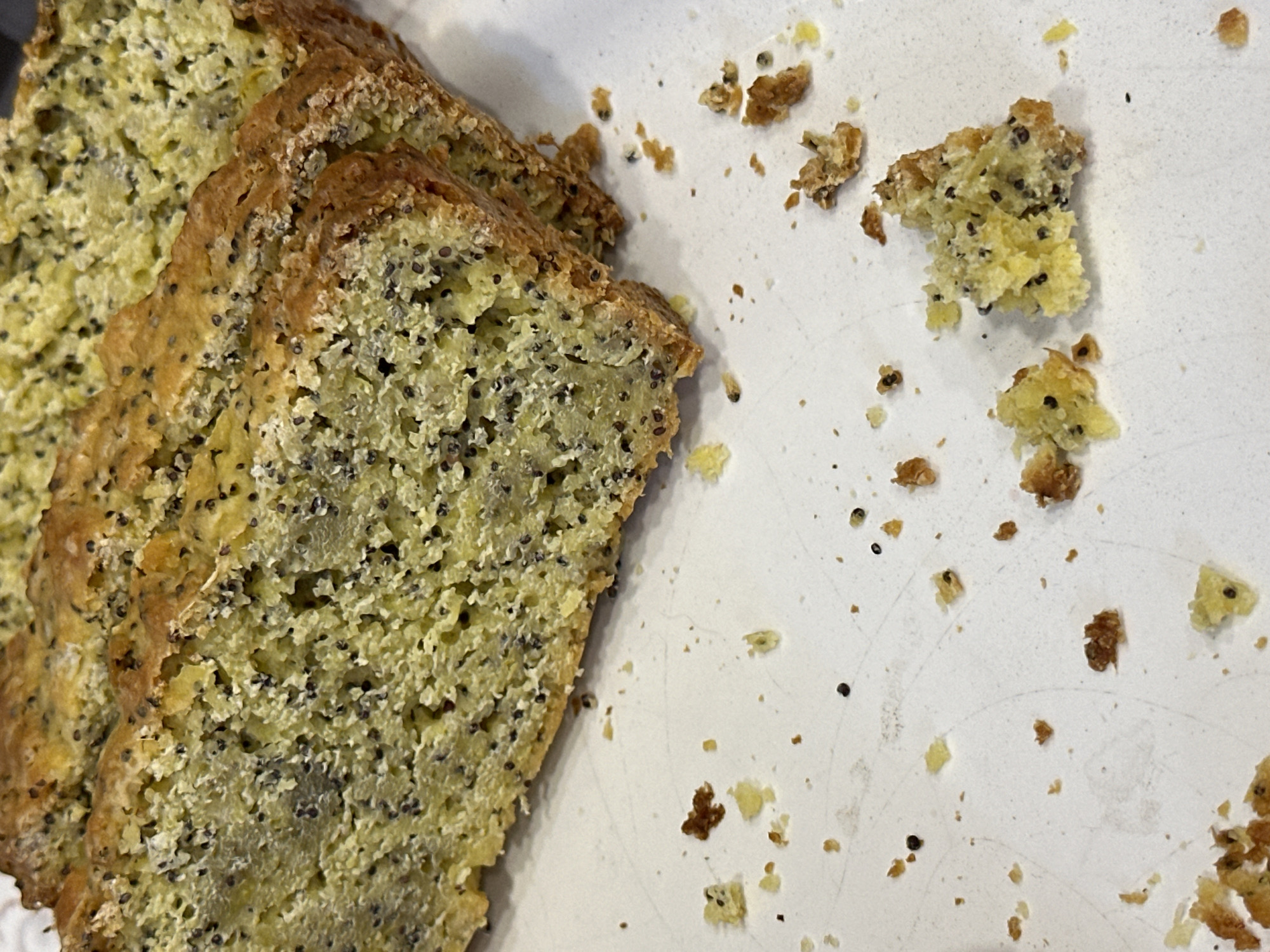 The image shows several slices of lemon poppy seed bread on a white surface, with crumbs scattered around. The bread appears to be homemade, with a moist, crumbly texture and visible poppy seeds throughout. The crust is golden brown. The white surface has a slightly textured appearance and shows some faint circular marks. There are no people or animals visible in the image, and no information is provided about the location within Nevinnomyssk, Russia.