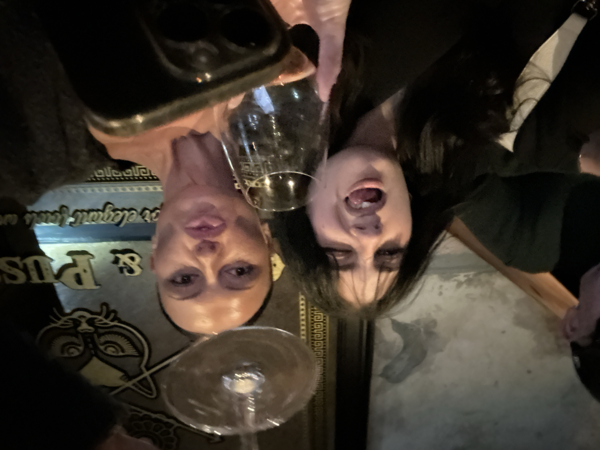 Two women are posing upside down, likely for a selfie. One woman has dark hair and is holding a glass in front of her face with her mouth open. The other woman has lighter skin and shorter hair and is also holding a glass. The background includes part of a sign that says "PUS", part of a logo of an owl, and parts of the interior of a bar or pub, possibly in London, United Kingdom. A mobile phone is visible at the top of the frame.