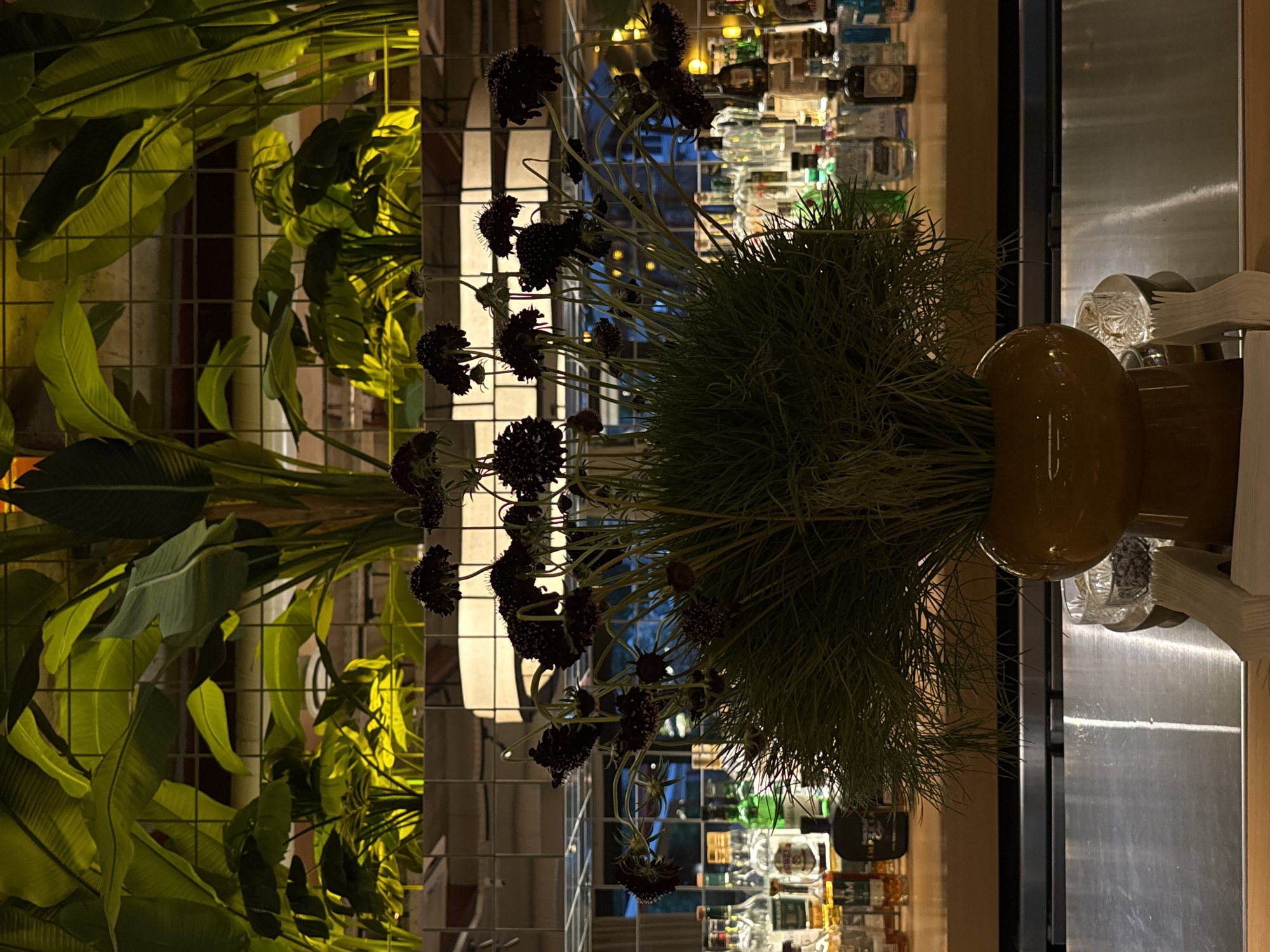 The image is an indoor shot, possibly a bar or restaurant, with a focus on a decorative arrangement. In the foreground, a large, bushy arrangement of dark green, feathery foliage dominates the center and right side. Among the foliage, several dark purple, globe-shaped flowers on thin stems are visible, some drooping. To the left of the foliage, a metallic grid structure is prominent, behind which are large, glossy, green leaves of a tropical plant. The background is blurred but reveals shelves filled with numerous bottles, suggesting a bar setting. The lighting is dim and atmospheric, with warm yellow light illuminating the plants and bottles, creating reflections on the metallic surfaces. The time of day appears to be evening or night. The overall mood is sophisticated and perhaps a bit moody due to the low light and dark floral elements. The location cues are limited, but the provided context suggests Yerevan, Armenia. No people are visible in the image.