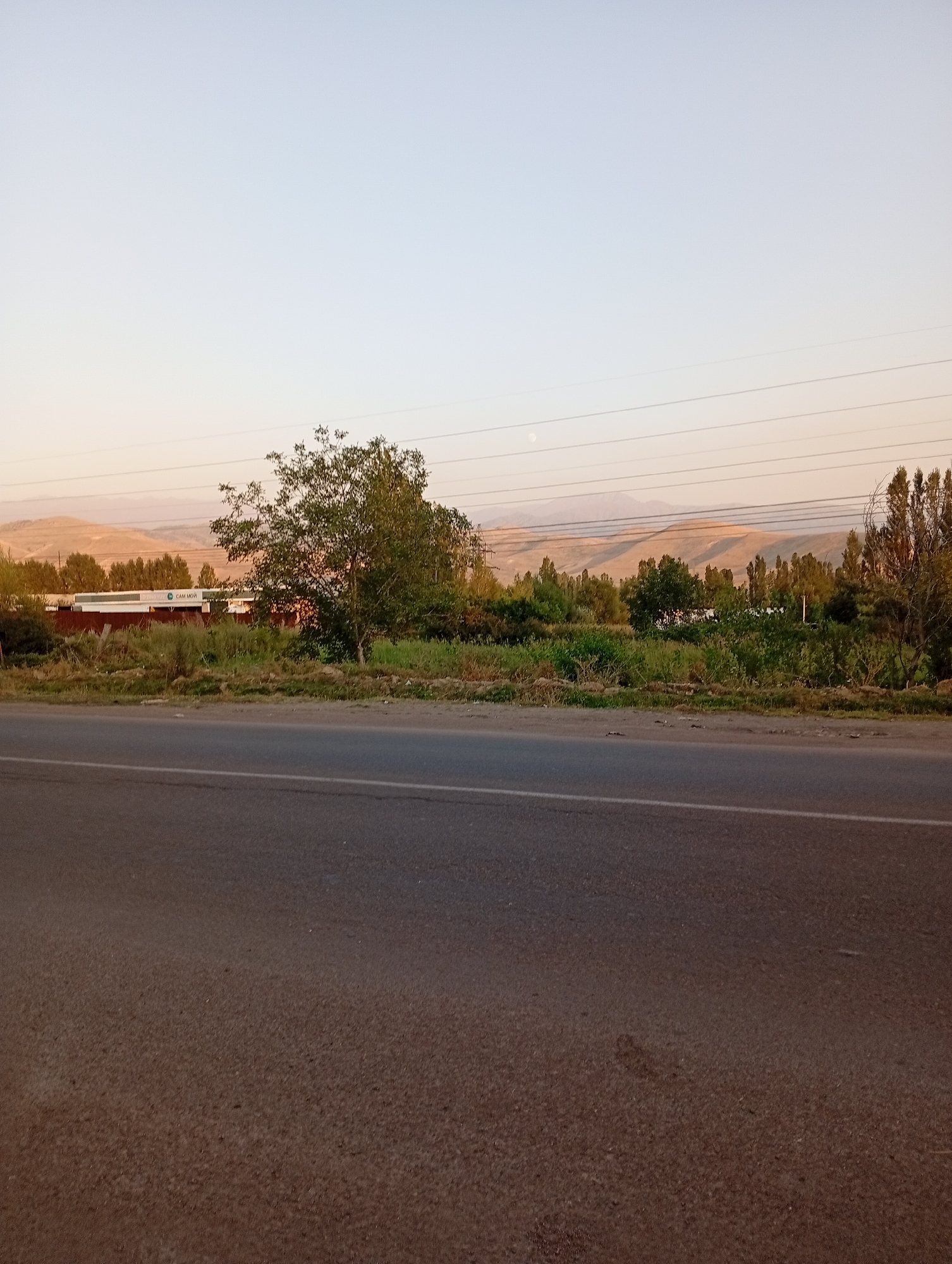 A wide shot captures a rural landscape in Angren, Uzbekistan, under a clear, pale blue sky. In the foreground, a paved road with a white line marking the lane runs horizontally across the frame. To the right of the road, a strip of dry grass and dirt leads to a line of vegetation, including various trees and bushes. In the middle ground, behind the greenery, a low-rise building with a red roof is visible, accompanied by a white structure with writing in Cyrillic script, including "САМ МОЙ". The background features rolling hills and mountains bathed in soft, warm light, suggesting either dawn or dusk. Several utility poles with power lines stretch across the sky above the distant landscape. A faint crescent moon is visible in the sky.