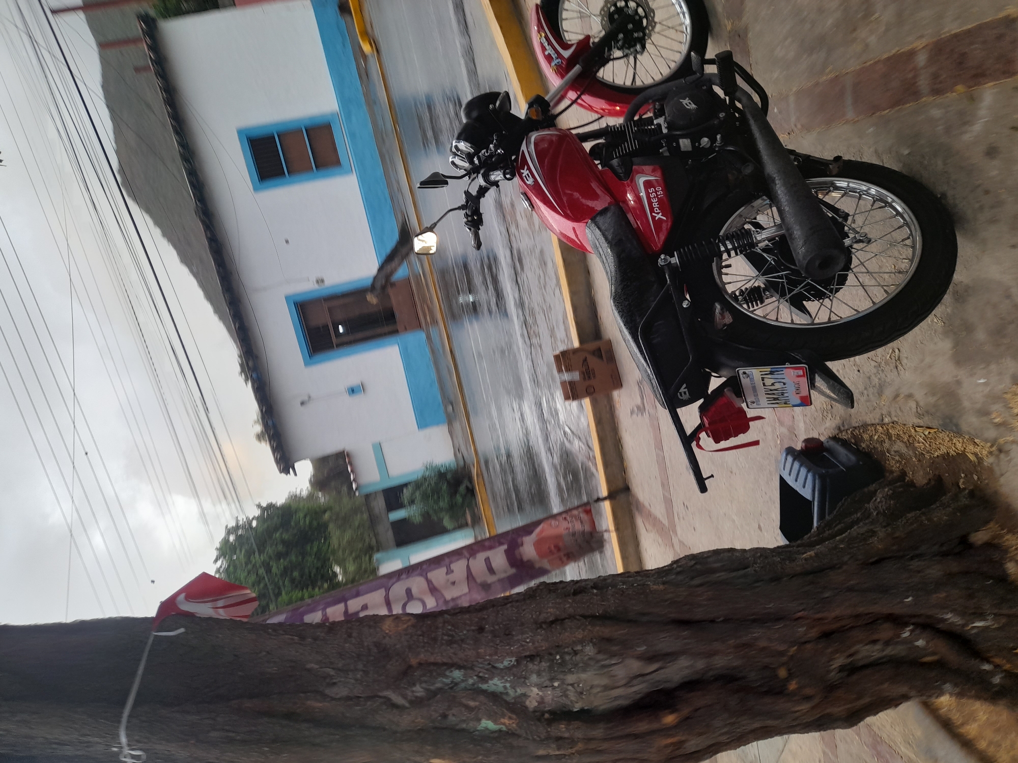 The image depicts a red motorcycle parked on a wet, paved street in Santa Ana, Venezuela. The street is lined with a white building featuring blue trim around its windows and doors. A large tree with a rough, dark trunk stands to the left of the motorcycle, partially obscuring a purple banner attached to it. Power lines stretch across the overcast sky, and a lush green hill rises in the background. The license plate on the motorcycle is visible, reading "AM4K57N." The scene appears quiet, with no people or vehicles actively moving.