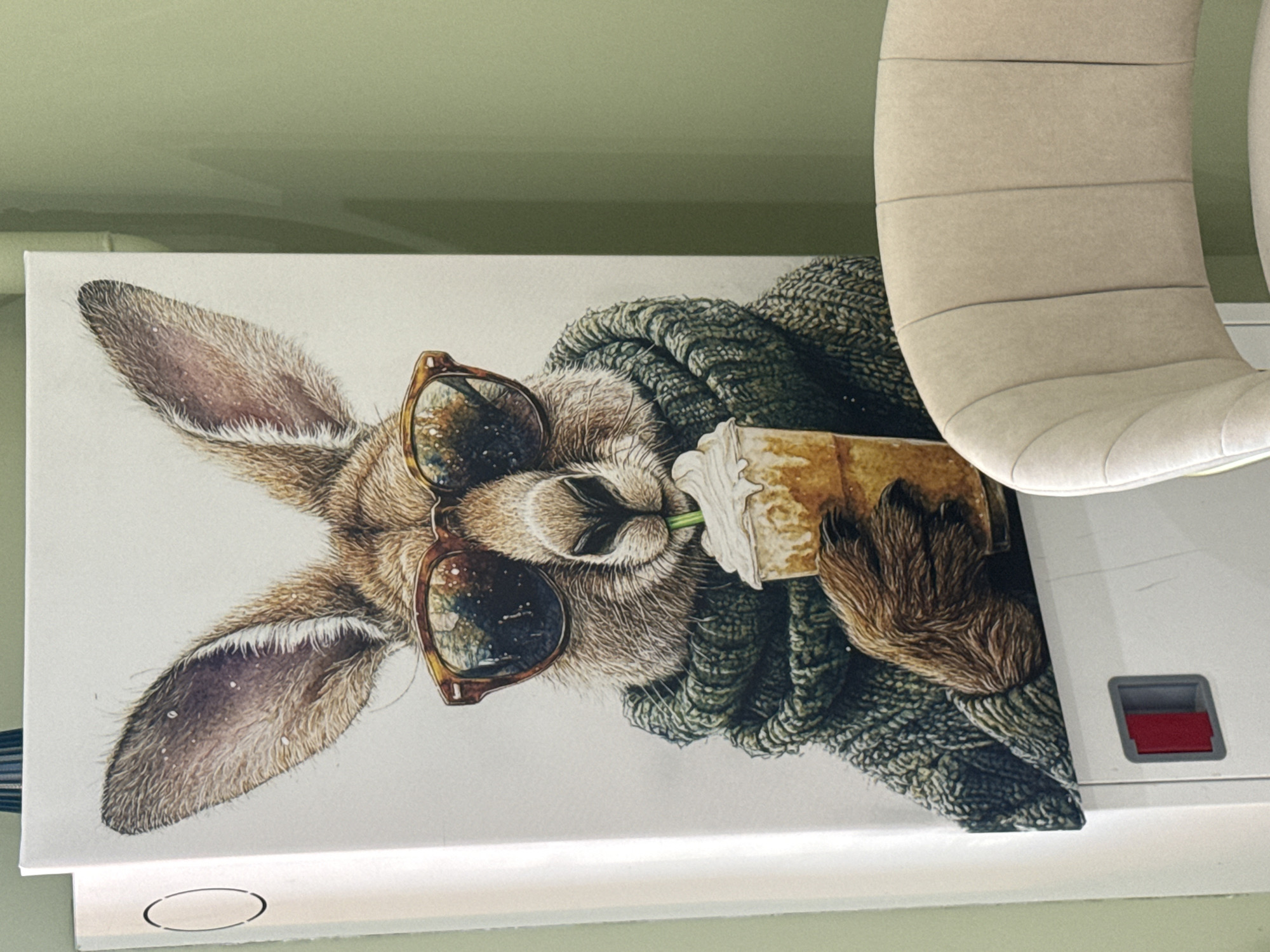 The image shows a framed picture of a kangaroo wearing sunglasses and a scarf, drinking a beverage from a cup with a straw. The picture is hanging on a white appliance with a red button. A light-colored upholstered chair is partially visible in the foreground. The background is a light green wall. The image appears to be taken in a cafe or restaurant. The specific location in Moscow, Russia, cannot be determined from the image alone.