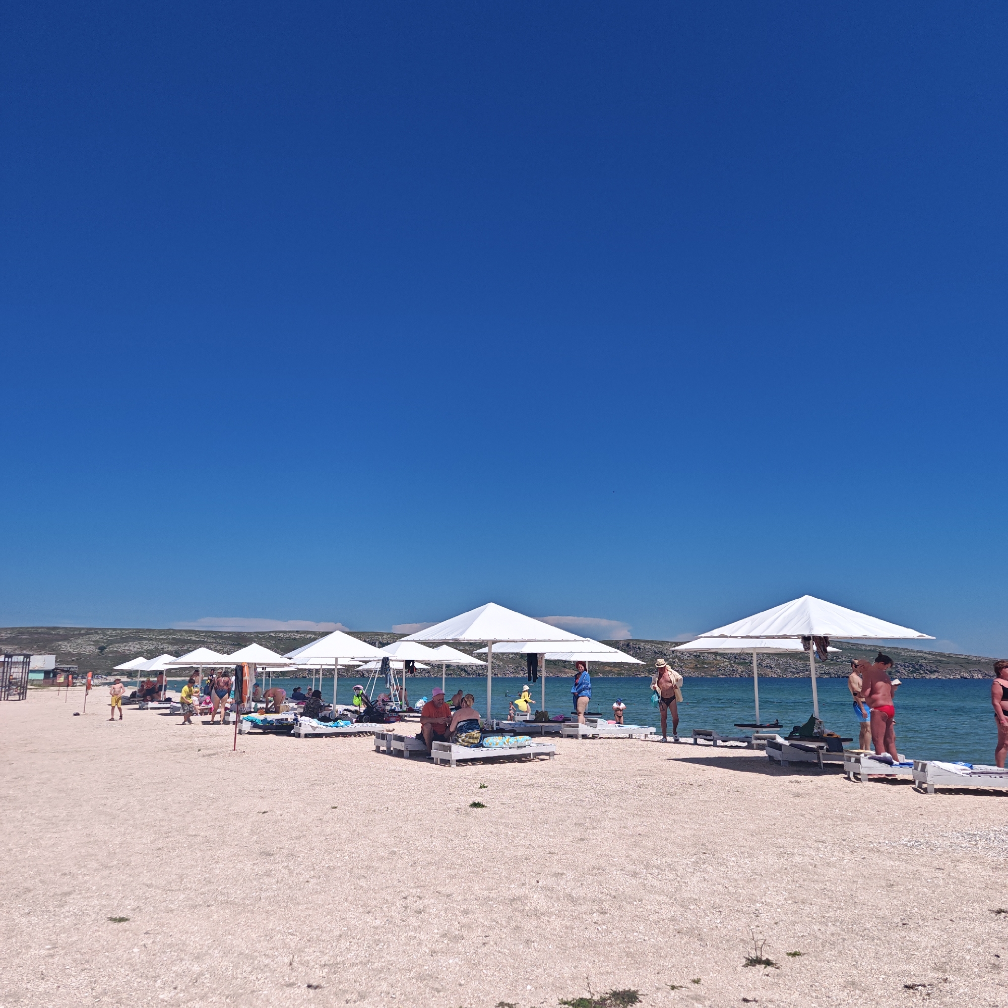 The image shows a sunny day at a sandy beach. The sky is a clear, bright blue. In the foreground, the beach is covered in light-colored sand with small white shells. Several white beach umbrellas are set up in rows, providing shade. Underneath some of the umbrellas, white lounge chairs are visible.
There are people scattered across the beach, some are sitting or lying on lounge chairs, while others are standing or walking. In the middle ground, a group of people are gathered near the water's edge, with the turquoise sea extending to the horizon. Further back, a low, rocky, and sparsely vegetated hillside forms the backdrop to the scene.
To the left of the frame, a small, simple structure with some fencing and a wall is partially visible, possibly a beachside building or facility. The overall impression is a relaxed, recreational atmosphere on a warm day at the coast.