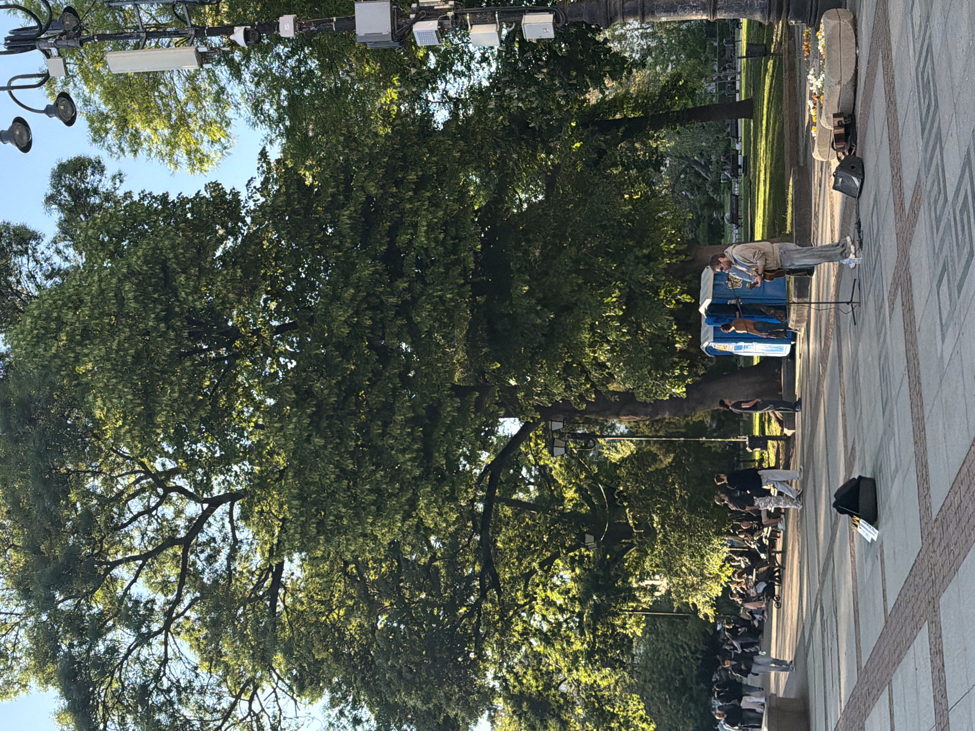 A wide-angle shot depicts an outdoor scene with a large tree dominating the left side of the frame. The tree's branches extend across the sky, partially obscuring light fixtures and a blue sky above.
To the right of the tree, a musician is performing on a paved area, standing in front of a blue box-like structure. He is playing an instrument, possibly a guitar or ukulele, and using a microphone. A crowd of people is seated on benches in front of him, listening to the performance.
The ground is a patterned paved area with a lighter colored square design. In the background, there's greenery and possibly grass, indicating a park or outdoor space. The presence of the musician, crowd, and park-like setting suggests an open-air performance or gathering.
Without additional clues, it is difficult to determine the exact location in Sofia, Bulgaria with certainty. However, based on the large tree and surrounding greenery, this could be in a park-like area.