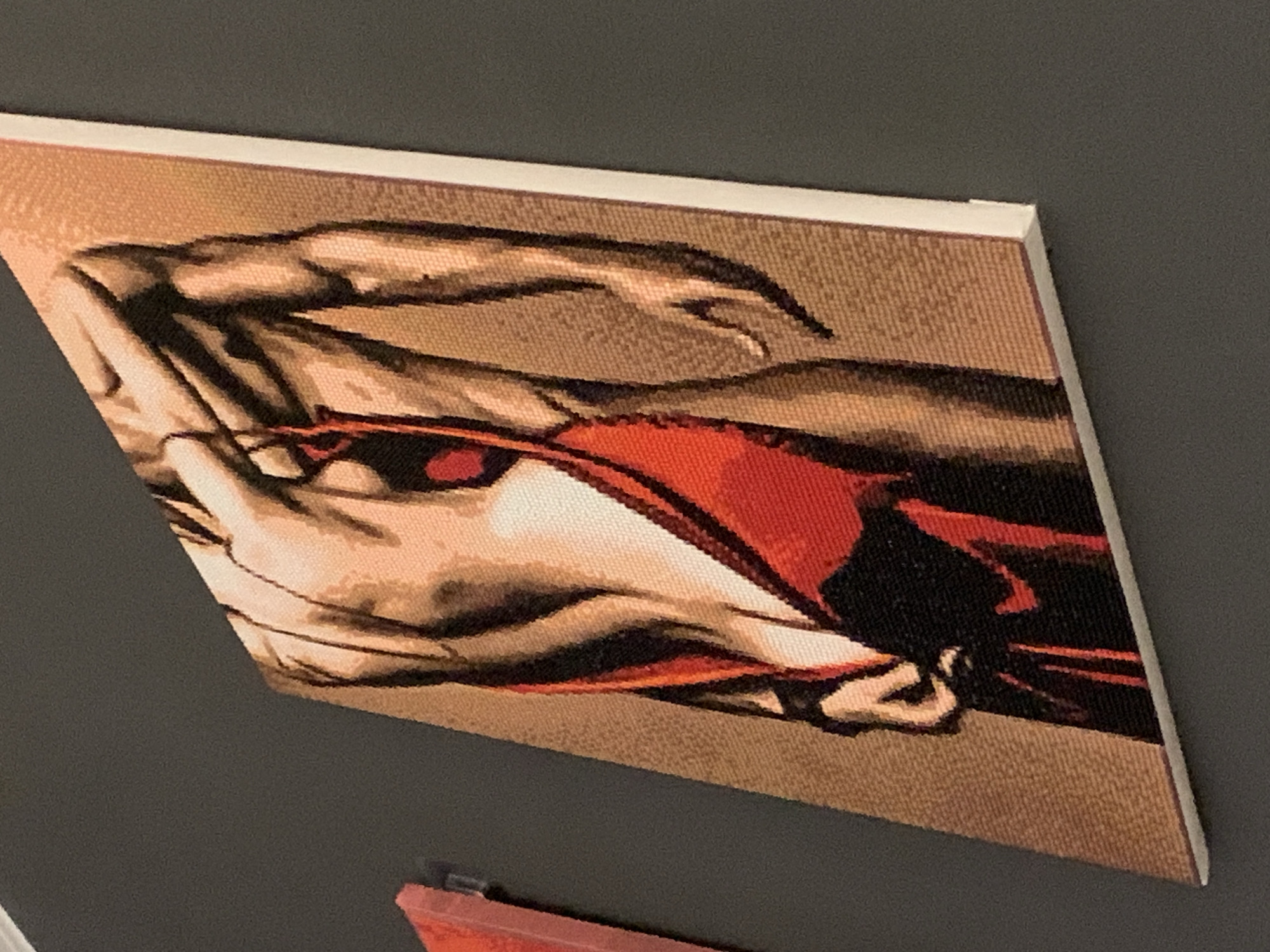 The image shows a close-up of a canvas painting depicting the back of a person wearing a red garment. The painting has a textured appearance, possibly made of small beads or tiles. The background is a plain, dark gray wall. The painting is mounted on a white frame and is hanging on the wall. The scene is indoors, likely in a residential or gallery setting. There is no visible indication of the city of Kapyĺ, Belarus.
