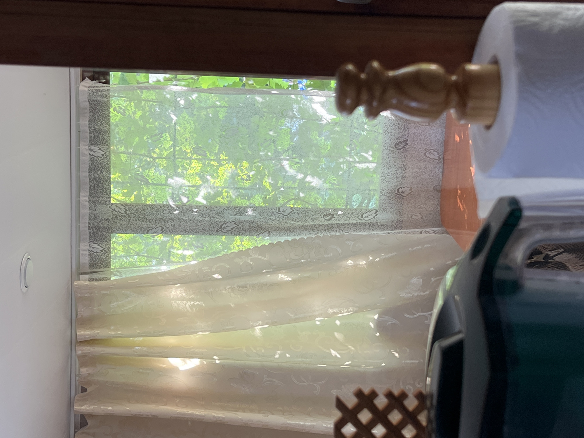 The image shows an indoor scene with a window covered by light-colored, translucent curtains. Through the curtains, green foliage is visible, suggesting an outdoor environment with trees. In the foreground, the top of a dark green water filter pitcher and a roll of paper towels on a wooden holder are partially visible. The room appears to be lit by natural light coming through the window. There are no people visible in the image. The overall impression is that of a domestic setting. The location of Khryashchevka, Russia is not directly discernible from the visual elements of the image.
