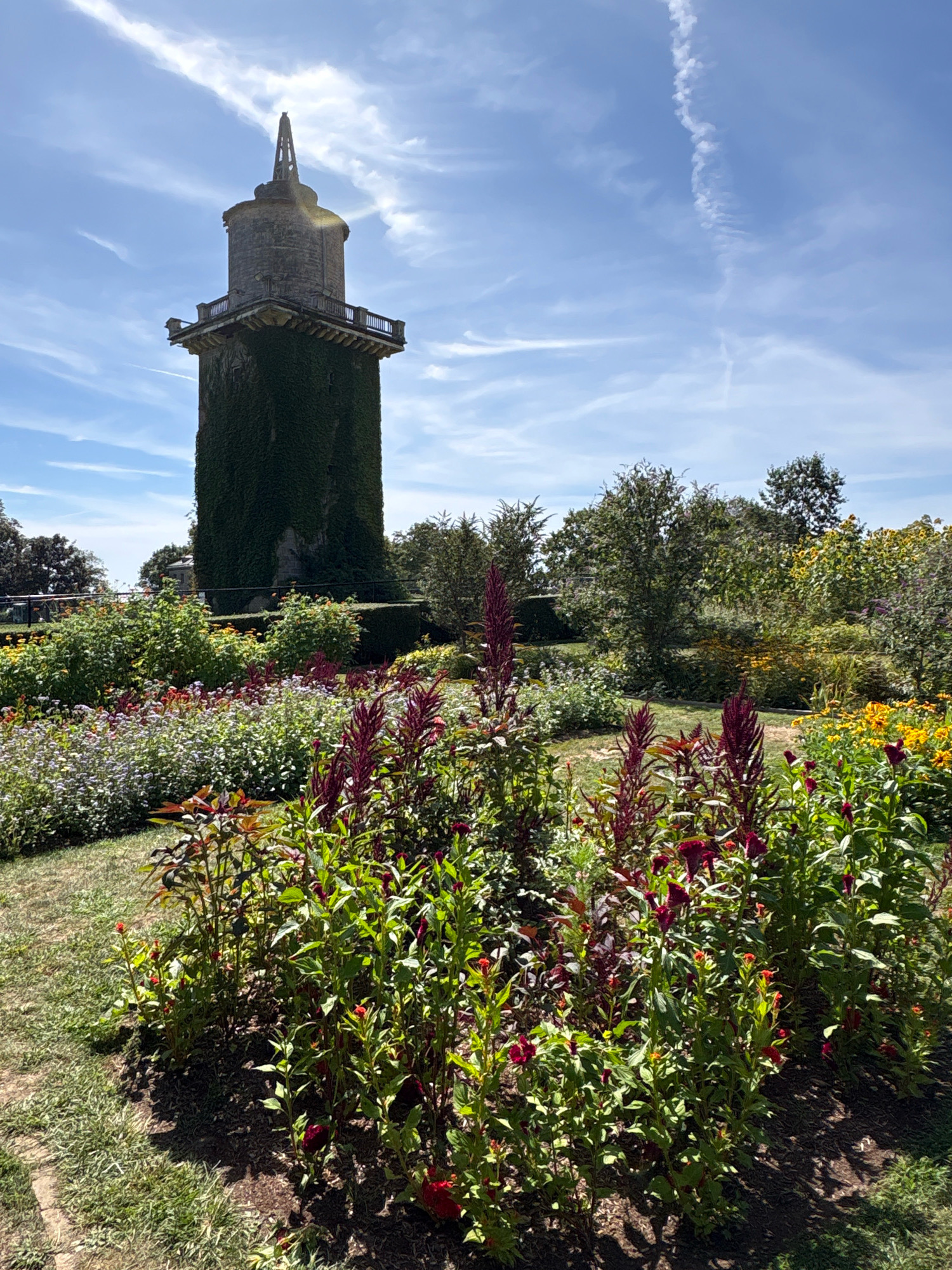 In the city of Waterford, United States of America, a picturesque garden scene unfolds under a bright, partly cloudy sky. The focal point is a tall, weathered tower, its stone structure partially obscured by dense green ivy that climbs its sides. The tower culminates in a decorative, spire-like structure. A balcony with railings encircles the top of the tower's main body.
In the foreground, a vibrant flower garden is in full bloom. A variety of flowers create a rich tapestry of colors and textures. Tall, spiky plants with deep red flower heads stand prominently, interspersed with clusters of smaller flowers in shades of white, pink, and yellow. The garden beds are meticulously maintained, with dark mulch covering the soil. A grassy pathway winds through the garden, separating different sections of the plantings.
Behind the flower beds, mature trees with lush green foliage form a natural backdrop. The overall environment is serene and well-kept, suggesting a public park or botanical garden. The lighting indicates it is daytime, with the sun casting shadows and highlighting the textures of the plants and the tower. There are no people visible in the image.