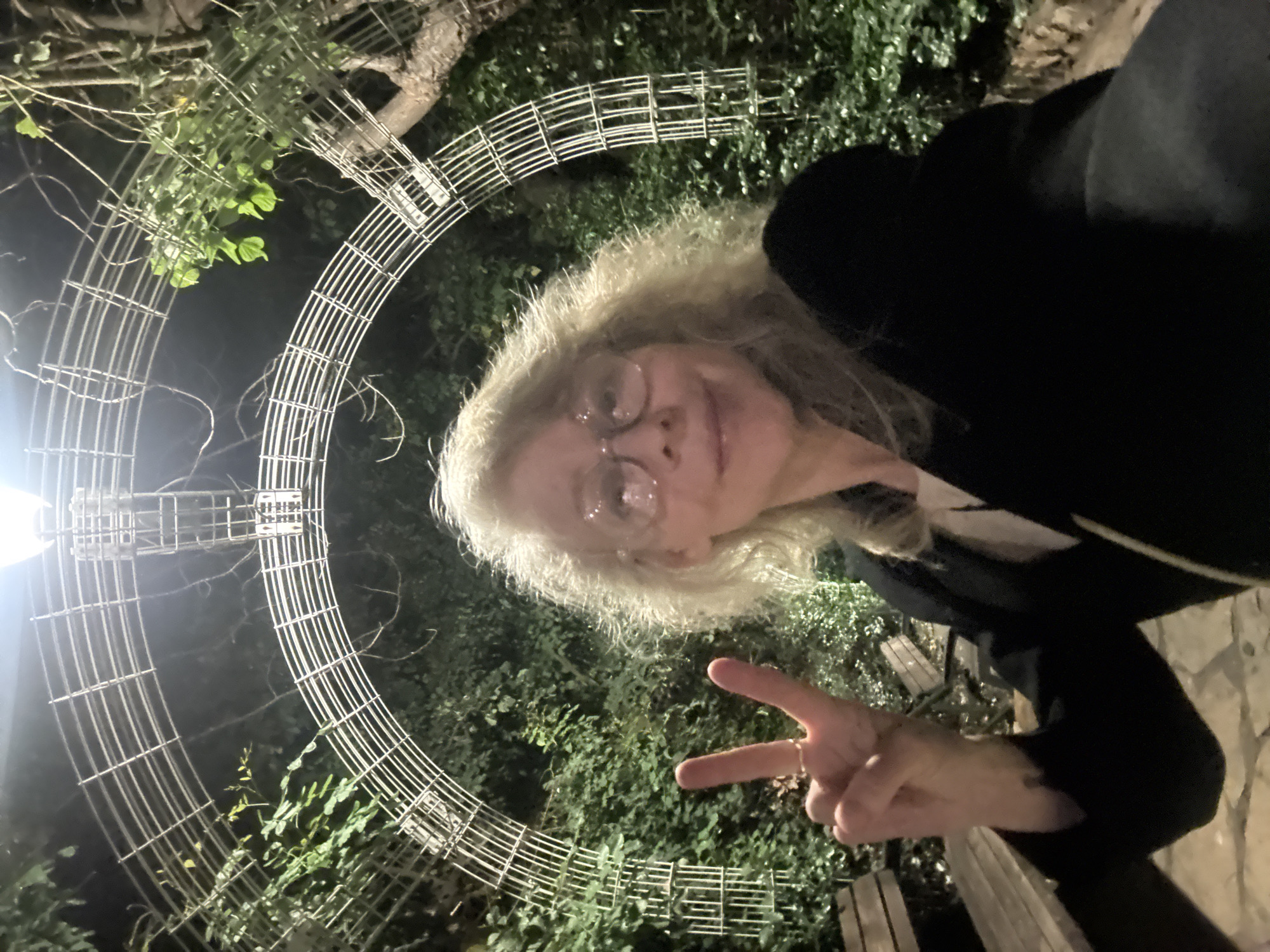 A person is taking a selfie outdoors at night. The person has light colored curly hair, wears glasses, and is wearing a black coat. They are making a peace sign with their right hand. Behind the person is a semi-circular metal structure surrounded by green foliage. A bright light source illuminates the structure from below. Based on limited geographic information, this image was likely taken in Ramat Gan, Israel.