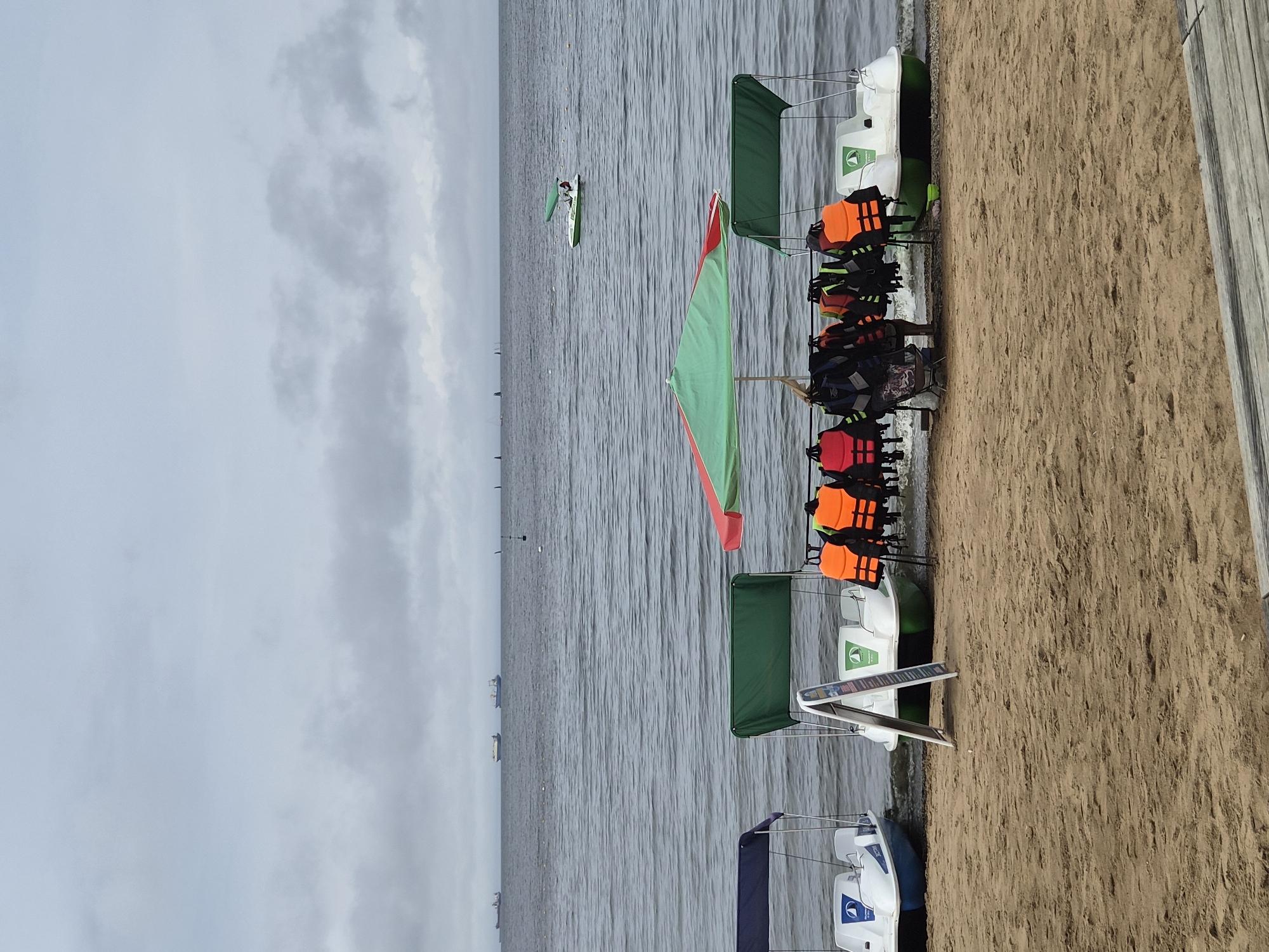 On a cloudy day at a beach in Vladivostok, Russia, several pedal boats are lined up on the sand near the water. Some of the boats have canopies. In front of some of the boats, life jackets in bright orange and dark colors are hung on a rack. A striped umbrella shades a rack of life jackets. In the background, cargo ships are visible on the horizon, and a small boat with a canopy is moving on the water. The sand is a light brown color, and the water is a muted gray.