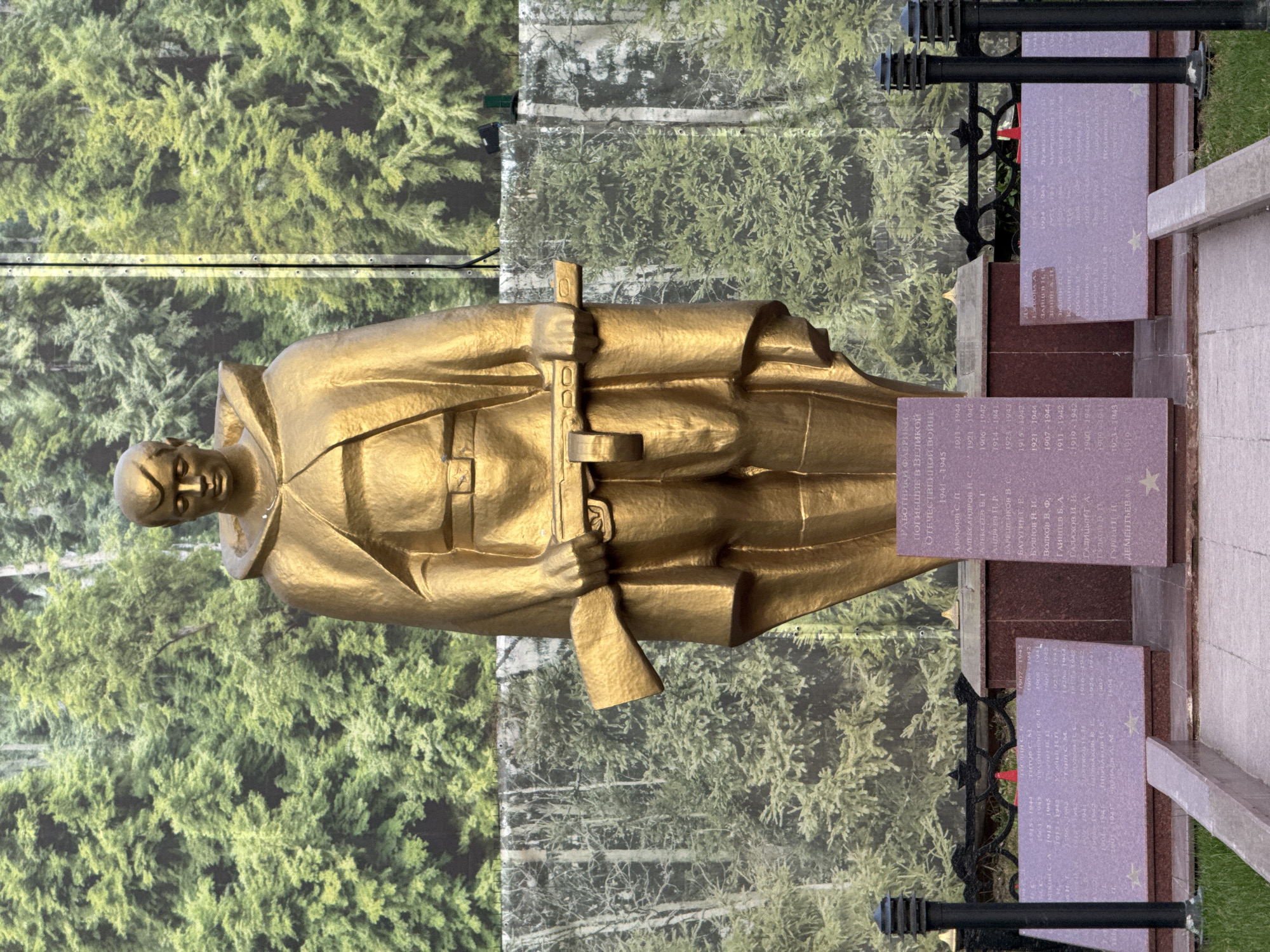 Here is a detailed description of the image:
The image captures a golden statue of a soldier, likely a war memorial, with a backdrop of foliage that transitions from fresh green to a more subdued, faded tone. The statue stands in front of several vertical stone slabs etched with text, presumably names and dates. These slabs are part of a larger, elevated platform, constructed of darker stone at the base and lighter stone on top, suggesting a layered architectural design.
The statue itself is highly detailed, depicting a soldier in a uniform with a rifle in hand. It is finished in gold and is the focal point of the image.
The text on the memorial slabs appears to be in Russian, and the dates, such as 1941-1945, suggest the monument commemorates those who perished during World War II.
The setting is outdoors, in a public space that includes greenery. The perspective is such that the statue appears to be imposing and the memorial slabs are arranged to convey reverence and respect.