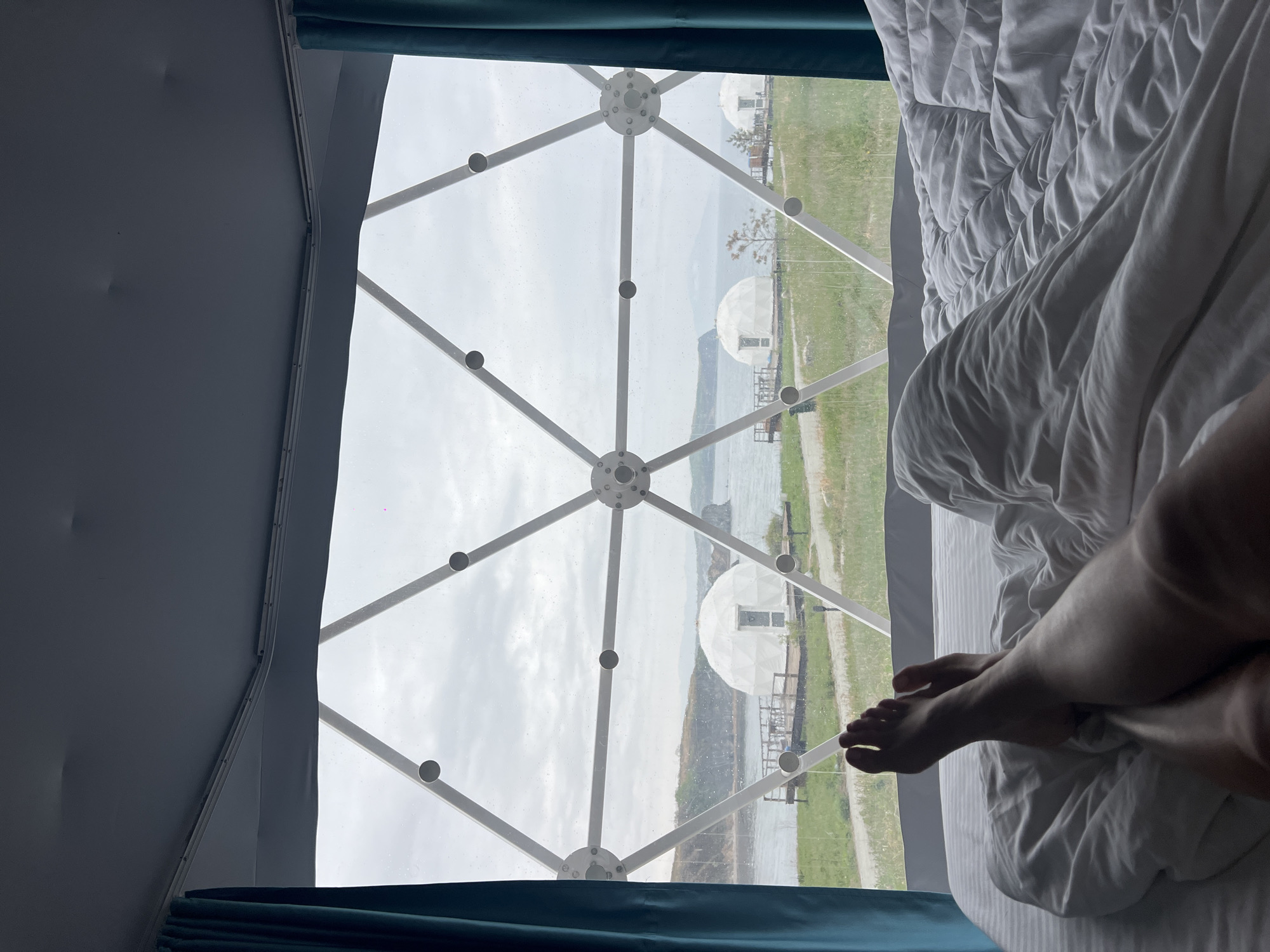 A view from inside a geodesic dome structure in Zarubino, Russia, includes a bed covered in a white duvet in the foreground. Part of a person's legs and feet are visible on top of the duvet. Outside the dome, which has a white geometric frame, are other similar dome structures located on a grassy area near a body of water. The sky appears overcast. Dark teal curtains are partially visible at the top and left side of the image.