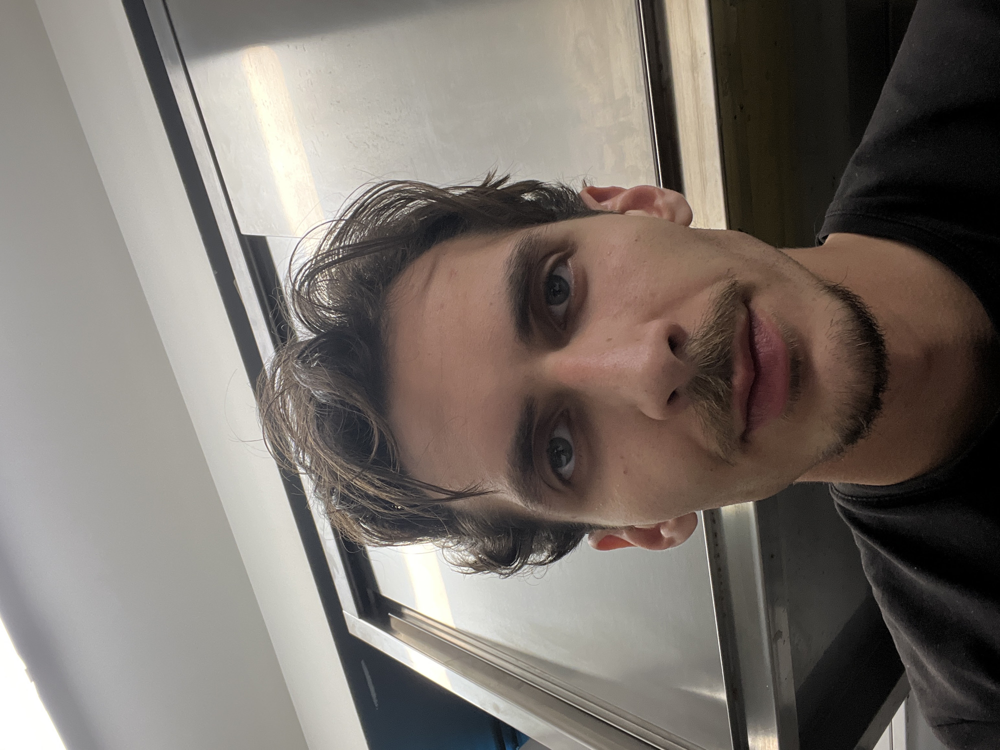 A close-up, slightly angled, selfie of a man with dark hair, dark eyes, and a mustache and goatee. He is wearing a black shirt. The background appears to be the interior of a bus or train. There are metal bars and a white or light-colored panel behind him. The location in Budva, Montenegro is not discernible from this image alone.