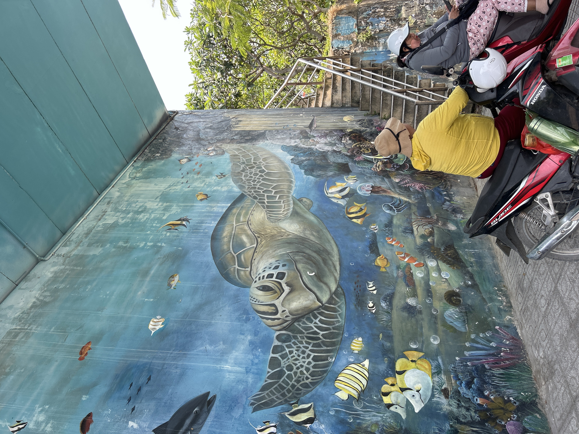 The image shows a mural of marine life, including a large sea turtle and various fish, painted on a wall in what appears to be Bắc Nha Trang, Vietnam. Two people are sitting on a motorcycle parked in front of the mural. One person wears a yellow shirt and a hat, while the other, behind them, wears a gray jacket and patterned pants. A staircase is visible in the background, leading upwards. The motorcycle is a black and red Honda Blade. The mural features a blue backdrop with depictions of coral reefs and various species of fish in bright colors.