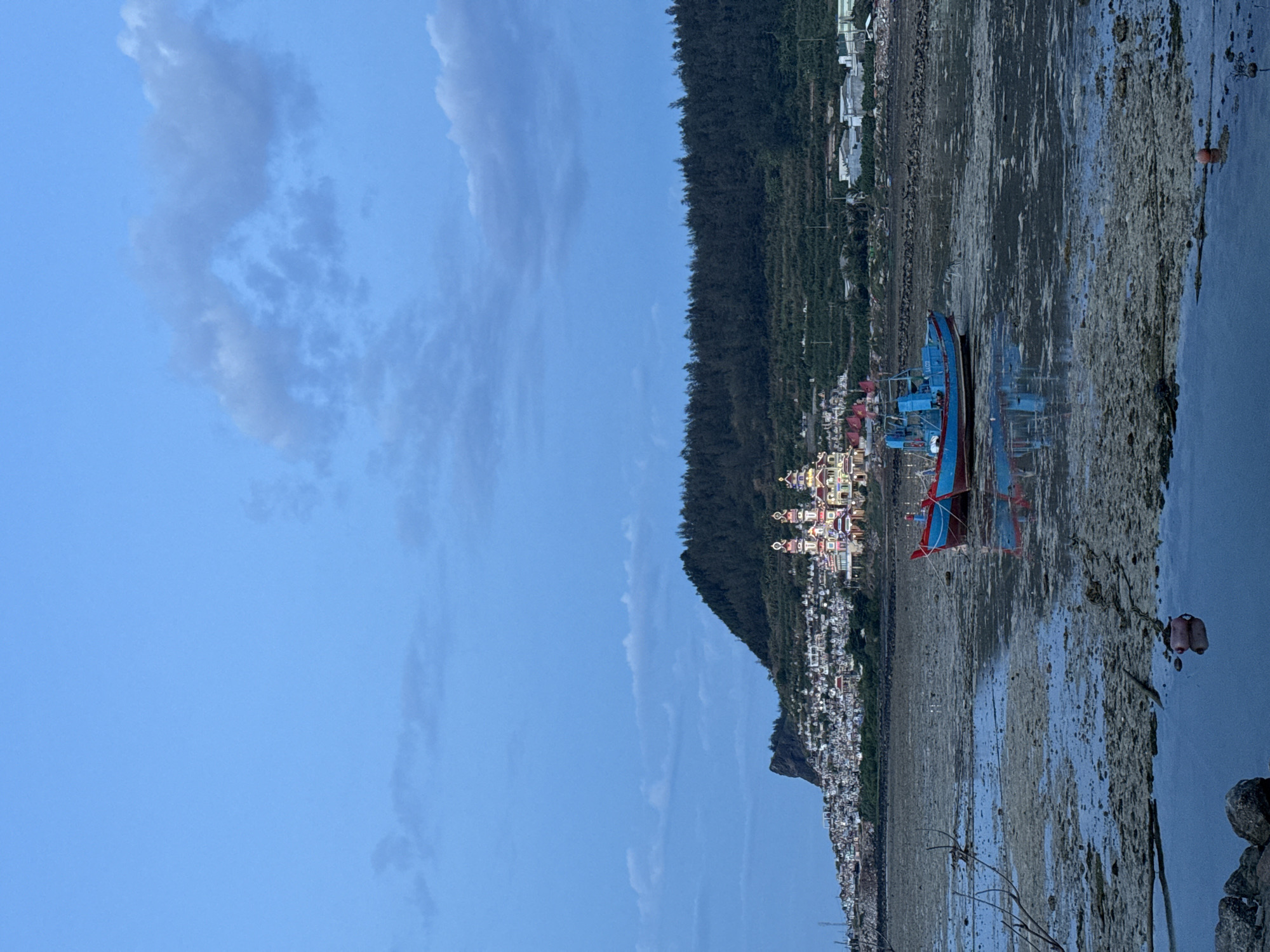 The image depicts a coastal scene at dusk or dawn, likely on Lý Sơn Island, Vietnam. In the foreground, a shallow, muddy body of water reflects the muted colors of the sky. The seabed is exposed in places, revealing a textured surface of mud and debris. Two fishing boats, one predominantly blue with a red hull and another partially visible, are moored in the water. A pink floating object is visible in the foreground water.
In the middle ground, a densely populated town sprawls along the base of a steep, tree-covered hill. The town features numerous small houses and buildings. Prominently situated on the hillside are several vibrantly colored, ornate structures, possibly religious buildings or a themed attraction, illuminated with colorful lights, suggesting evening or nighttime. A prominent cliff face juts out from the coastline on the left side of the image. The background consists of the dark green, densely forested slope of the hill. The sky is a deep blue, with wispy, pale clouds scattered across it.