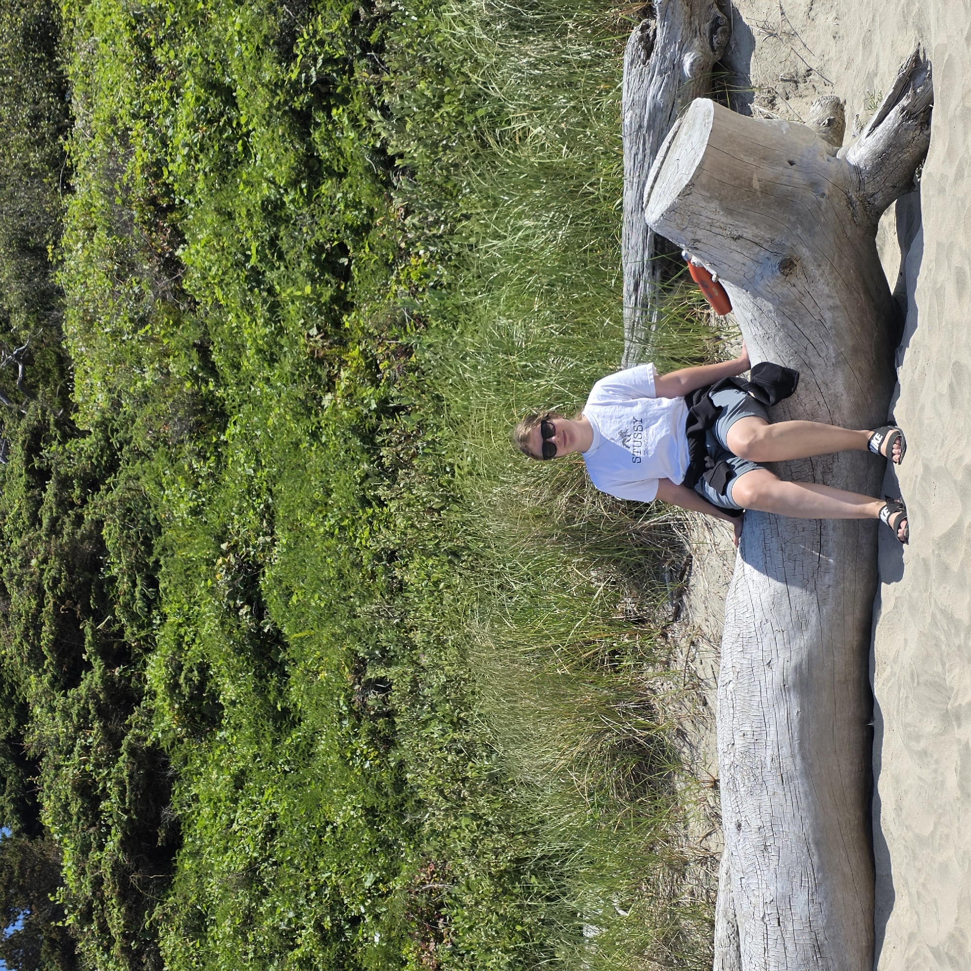 A young woman wearing sunglasses, a white t-shirt, and light blue shorts sits on a large, weathered driftwood log on a sandy beach. A black jacket is tied around her waist. She is facing the camera with her legs extended. Behind her, tall green grass and lush vegetation cover a hillside. The scene is set in Cannon Beach, Oregon, United States of America. The sky is clear and blue.
