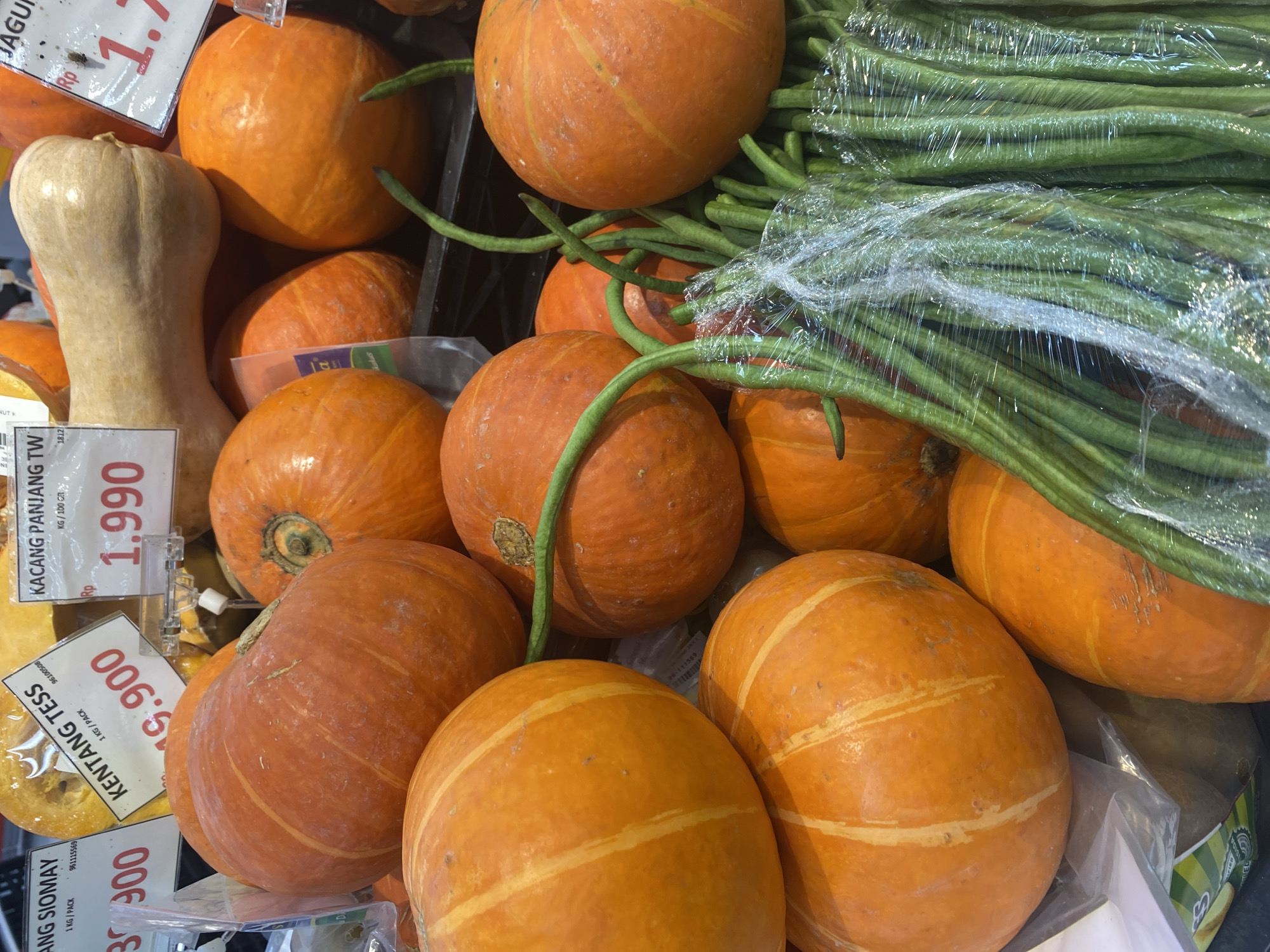 This image captures a close-up, eye-level view of a produce display, likely in a market or supermarket in Watampone, Indonesia. The foreground is dominated by several bright orange pumpkins of varying sizes, some appearing round and others more elongated. Some of these pumpkins have visible pale yellow stripes running down their sides. To the right of the pumpkins, a bundle of long green beans, wrapped tightly in clear plastic, is visible, their stems and tendrils extending upwards.
Behind the pumpkins, other produce is partially visible, including what appears to be a light-colored butternut squash in the upper center, and more orange pumpkins filling the background. Several price tags are affixed to the produce. One tag, positioned above the pumpkins, reads "KENTANG TESS" with "1 KG / PACK" and a price of "19.900". Another tag, partially obscured, displays "SIOMAY" and a price of "3900". A third tag reads "KACANG PANJANG TW" with "KG / 100 GR" and a price of "1.990". A fourth tag, on the far right, shows "JAGU" with "Rp 1.7" followed by obscured numbers. The overall lighting suggests an indoor environment, likely with artificial illumination. The scene is static, with no people or discernible actions taking place.